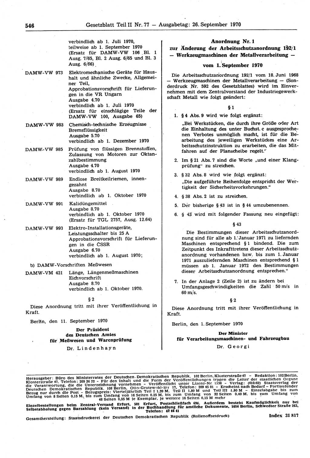 Gesetzblatt (GBl.) der Deutschen Demokratischen Republik (DDR) Teil ⅠⅠ 1970, Seite 546 (GBl. DDR ⅠⅠ 1970, S. 546)