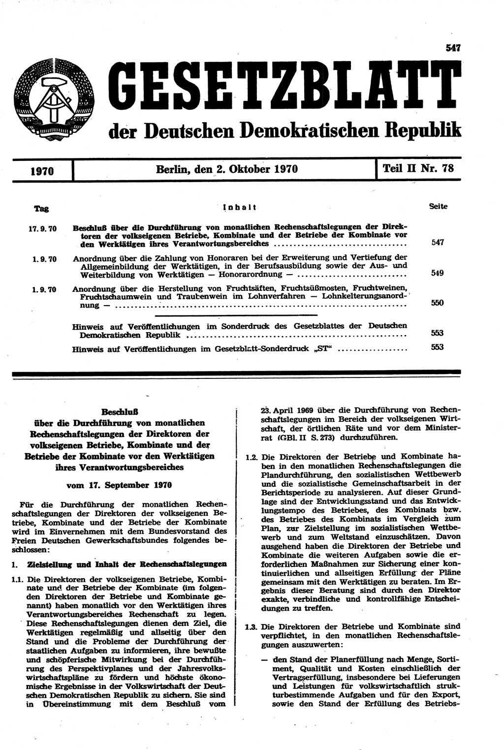 Gesetzblatt (GBl.) der Deutschen Demokratischen Republik (DDR) Teil ⅠⅠ 1970, Seite 547 (GBl. DDR ⅠⅠ 1970, S. 547)