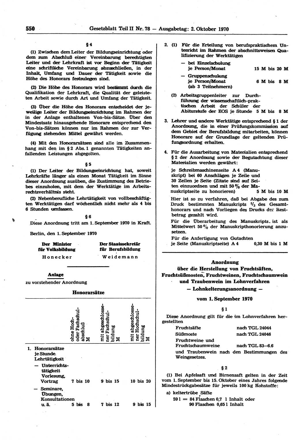 Gesetzblatt (GBl.) der Deutschen Demokratischen Republik (DDR) Teil ⅠⅠ 1970, Seite 550 (GBl. DDR ⅠⅠ 1970, S. 550)