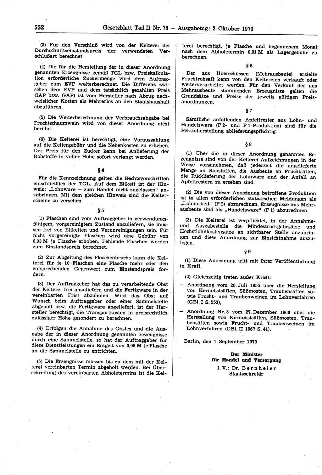 Gesetzblatt (GBl.) der Deutschen Demokratischen Republik (DDR) Teil ⅠⅠ 1970, Seite 552 (GBl. DDR ⅠⅠ 1970, S. 552)