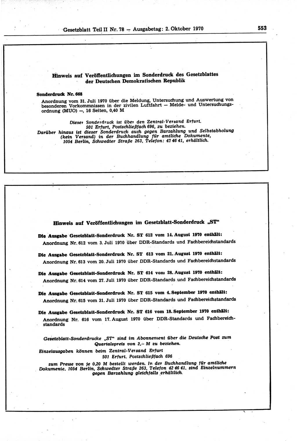 Gesetzblatt (GBl.) der Deutschen Demokratischen Republik (DDR) Teil ⅠⅠ 1970, Seite 553 (GBl. DDR ⅠⅠ 1970, S. 553)