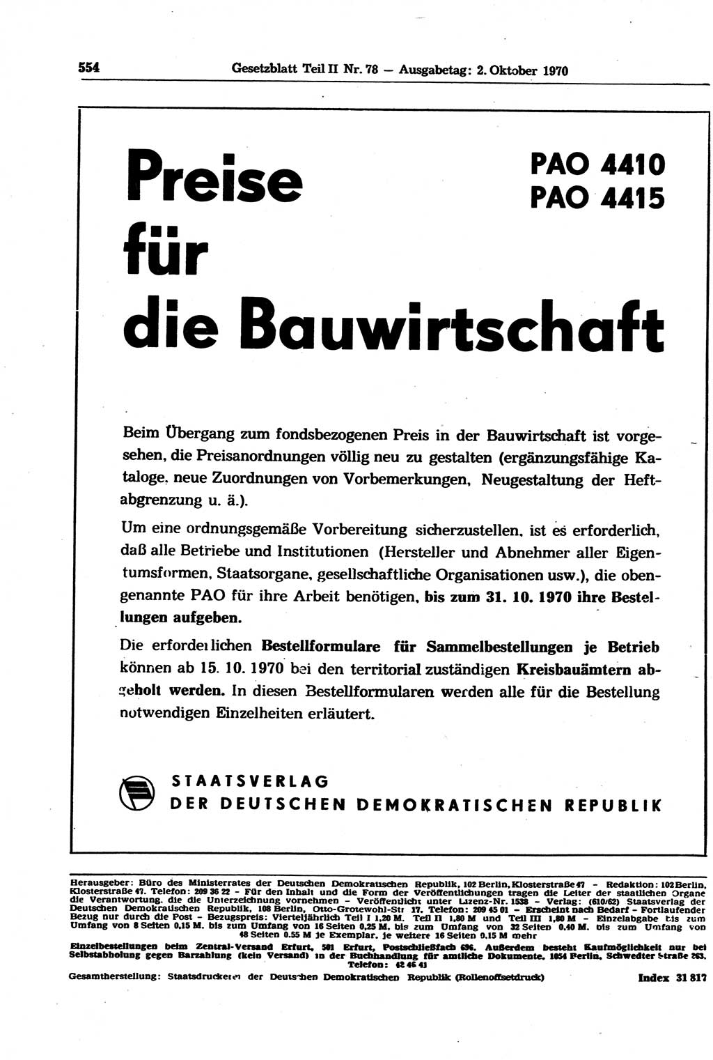 Gesetzblatt (GBl.) der Deutschen Demokratischen Republik (DDR) Teil ⅠⅠ 1970, Seite 554 (GBl. DDR ⅠⅠ 1970, S. 554)