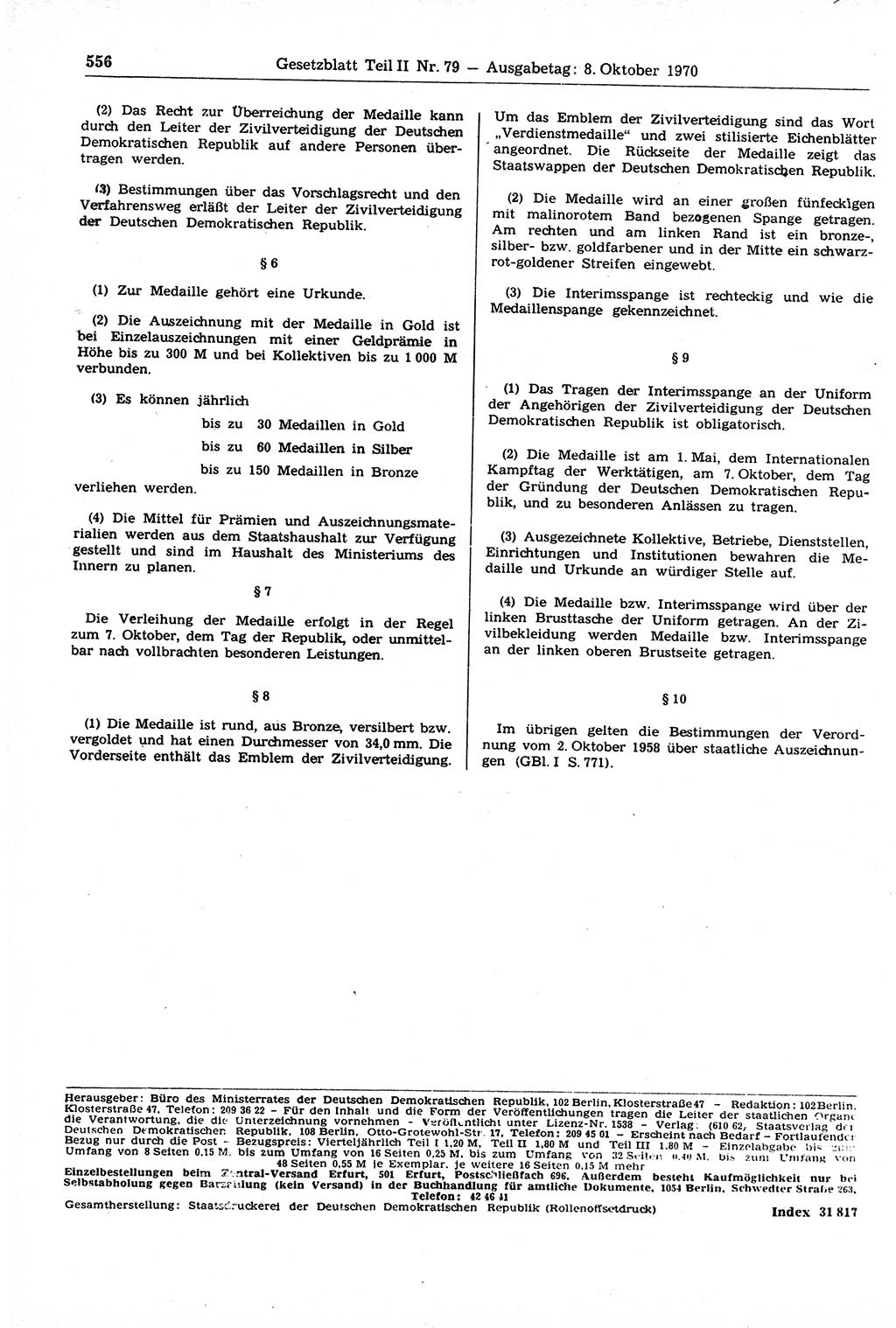 Gesetzblatt (GBl.) der Deutschen Demokratischen Republik (DDR) Teil ⅠⅠ 1970, Seite 556 (GBl. DDR ⅠⅠ 1970, S. 556)