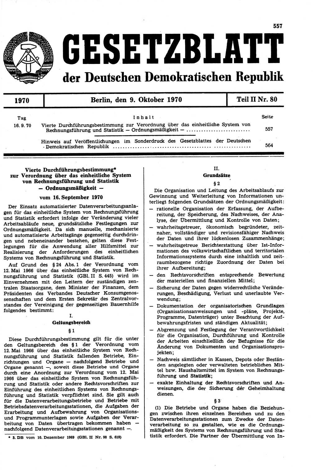 Gesetzblatt (GBl.) der Deutschen Demokratischen Republik (DDR) Teil ⅠⅠ 1970, Seite 557 (GBl. DDR ⅠⅠ 1970, S. 557)