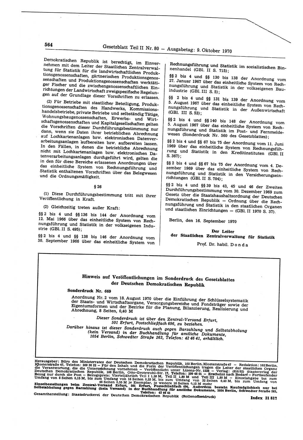 Gesetzblatt (GBl.) der Deutschen Demokratischen Republik (DDR) Teil ⅠⅠ 1970, Seite 564 (GBl. DDR ⅠⅠ 1970, S. 564)