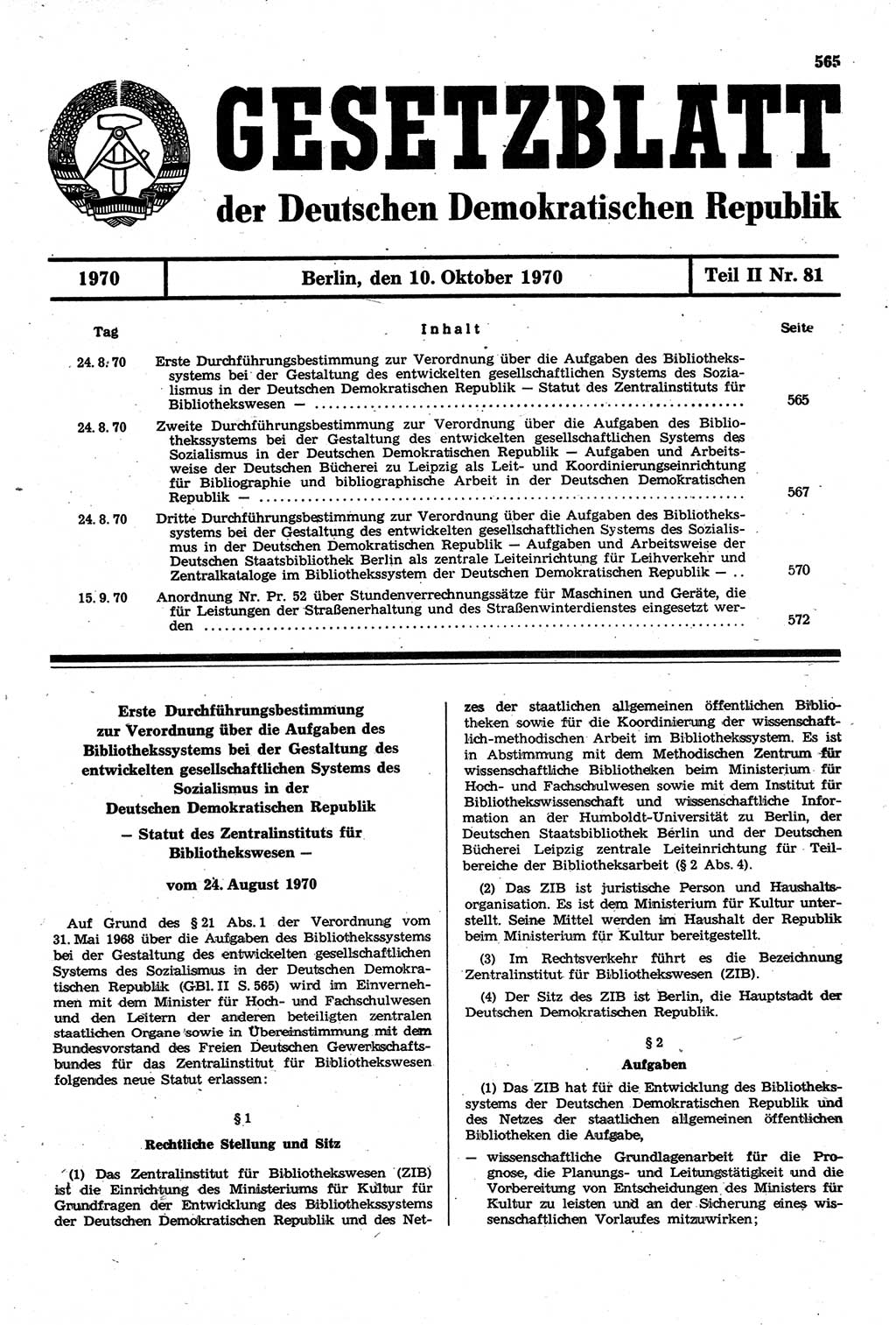 Gesetzblatt (GBl.) der Deutschen Demokratischen Republik (DDR) Teil ⅠⅠ 1970, Seite 565 (GBl. DDR ⅠⅠ 1970, S. 565)