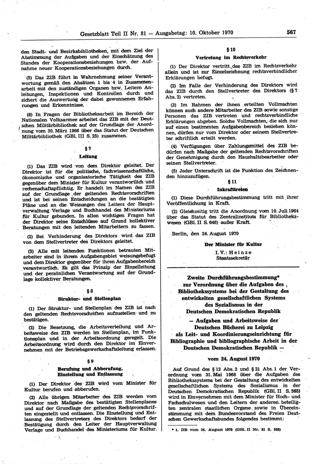 Gesetzblatt (GBl.) der Deutschen Demokratischen Republik (DDR) Teil ⅠⅠ 1970, Seite 567 (GBl. DDR ⅠⅠ 1970, S. 567)