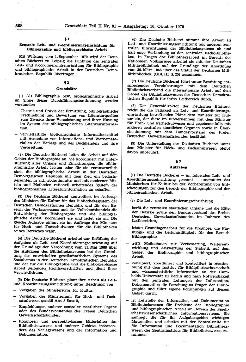 Gesetzblatt (GBl.) der Deutschen Demokratischen Republik (DDR) Teil ⅠⅠ 1970, Seite 568 (GBl. DDR ⅠⅠ 1970, S. 568)
