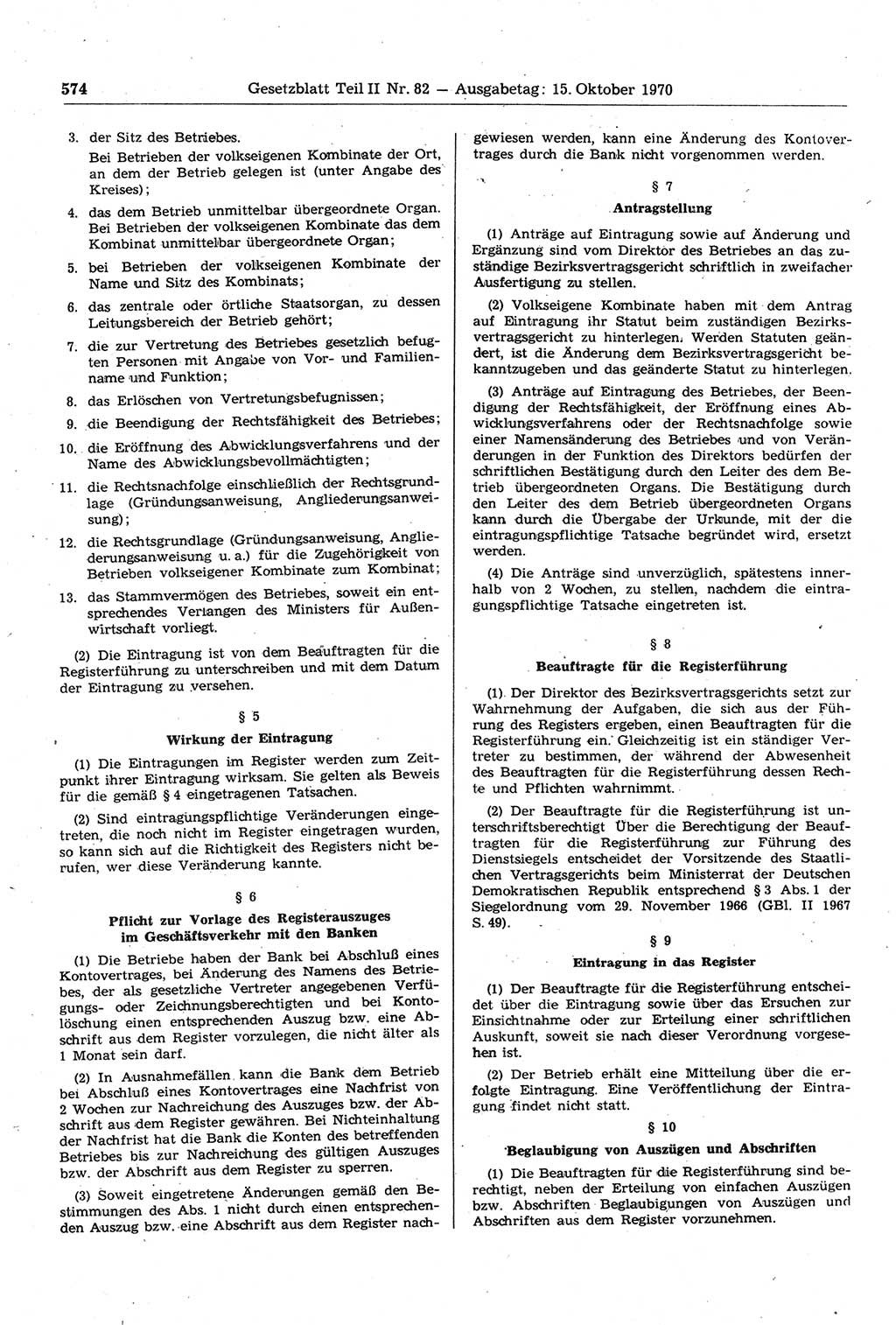 Gesetzblatt (GBl.) der Deutschen Demokratischen Republik (DDR) Teil ⅠⅠ 1970, Seite 574 (GBl. DDR ⅠⅠ 1970, S. 574)