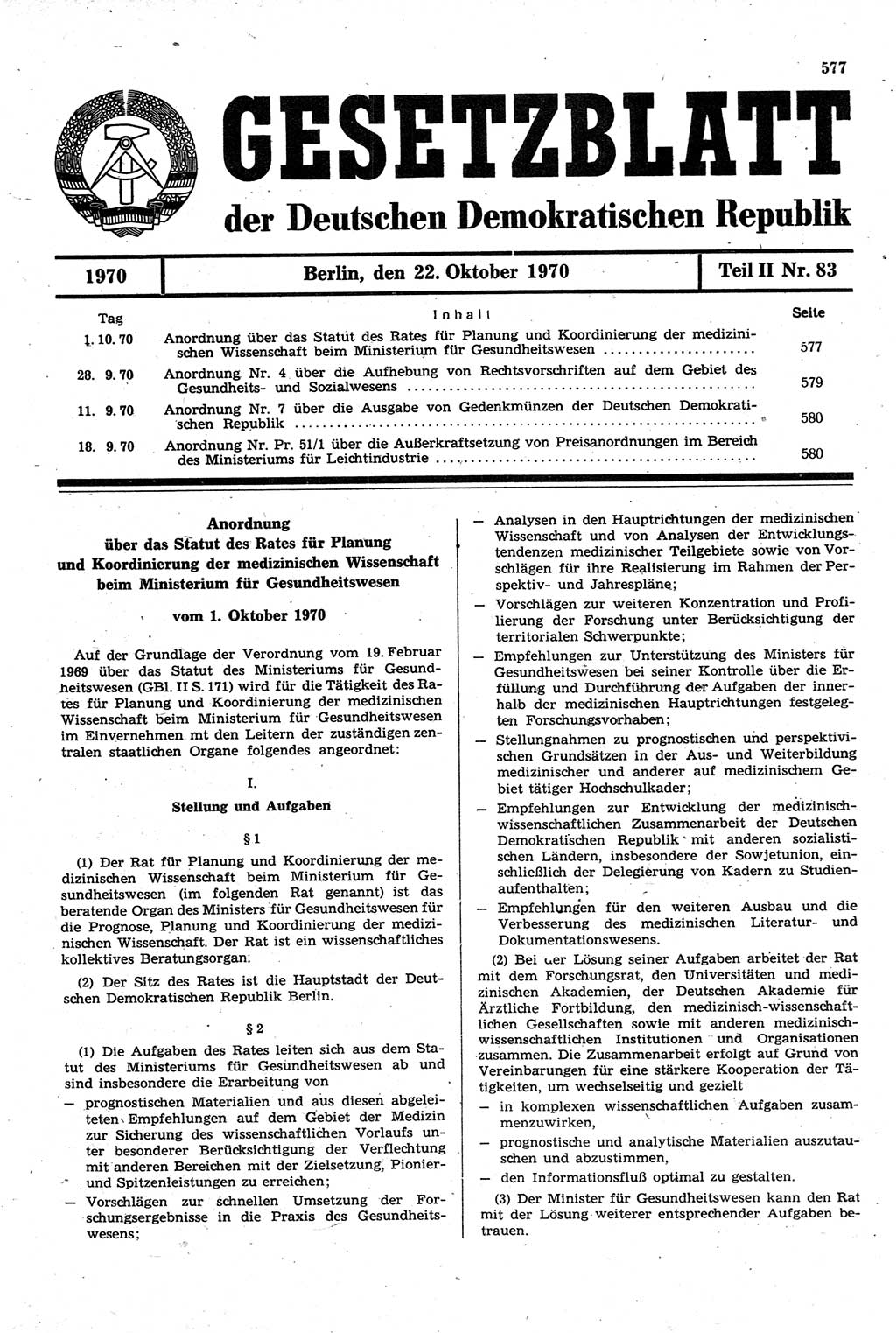 Gesetzblatt (GBl.) der Deutschen Demokratischen Republik (DDR) Teil ⅠⅠ 1970, Seite 577 (GBl. DDR ⅠⅠ 1970, S. 577)