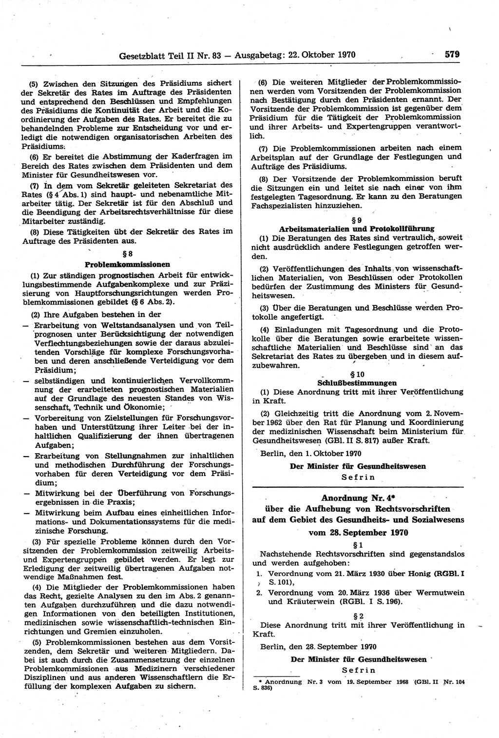 Gesetzblatt (GBl.) der Deutschen Demokratischen Republik (DDR) Teil ⅠⅠ 1970, Seite 579 (GBl. DDR ⅠⅠ 1970, S. 579)