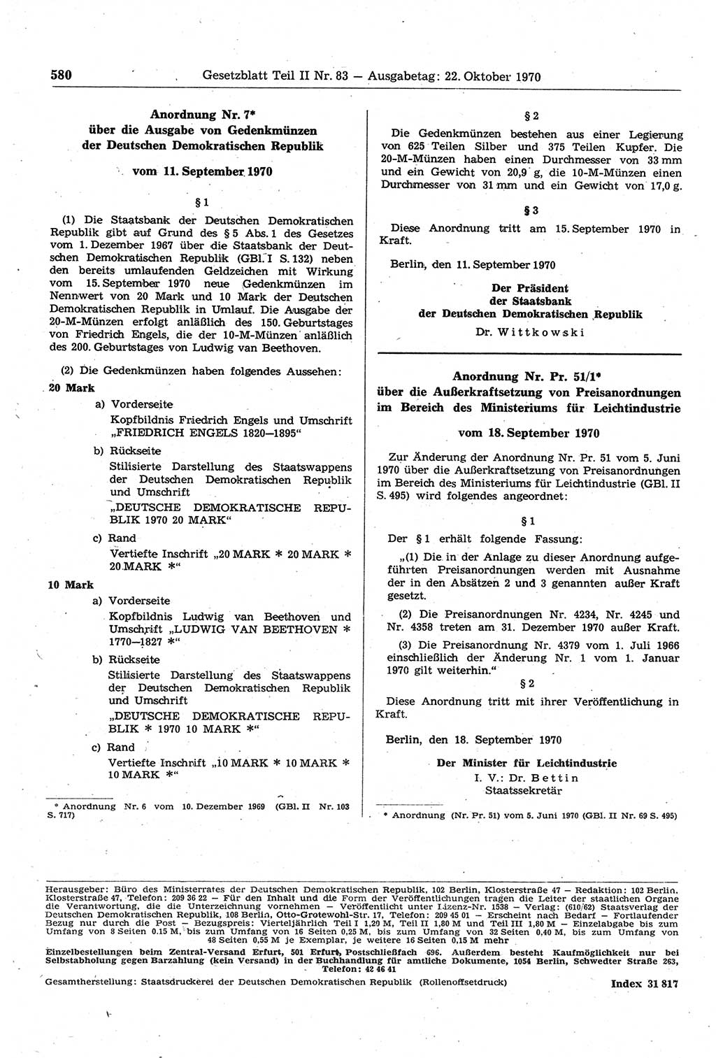 Gesetzblatt (GBl.) der Deutschen Demokratischen Republik (DDR) Teil ⅠⅠ 1970, Seite 580 (GBl. DDR ⅠⅠ 1970, S. 580)