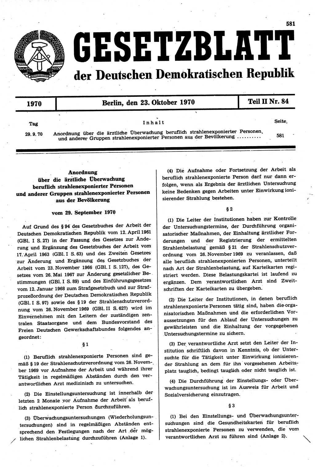 Gesetzblatt (GBl.) der Deutschen Demokratischen Republik (DDR) Teil ⅠⅠ 1970, Seite 581 (GBl. DDR ⅠⅠ 1970, S. 581)