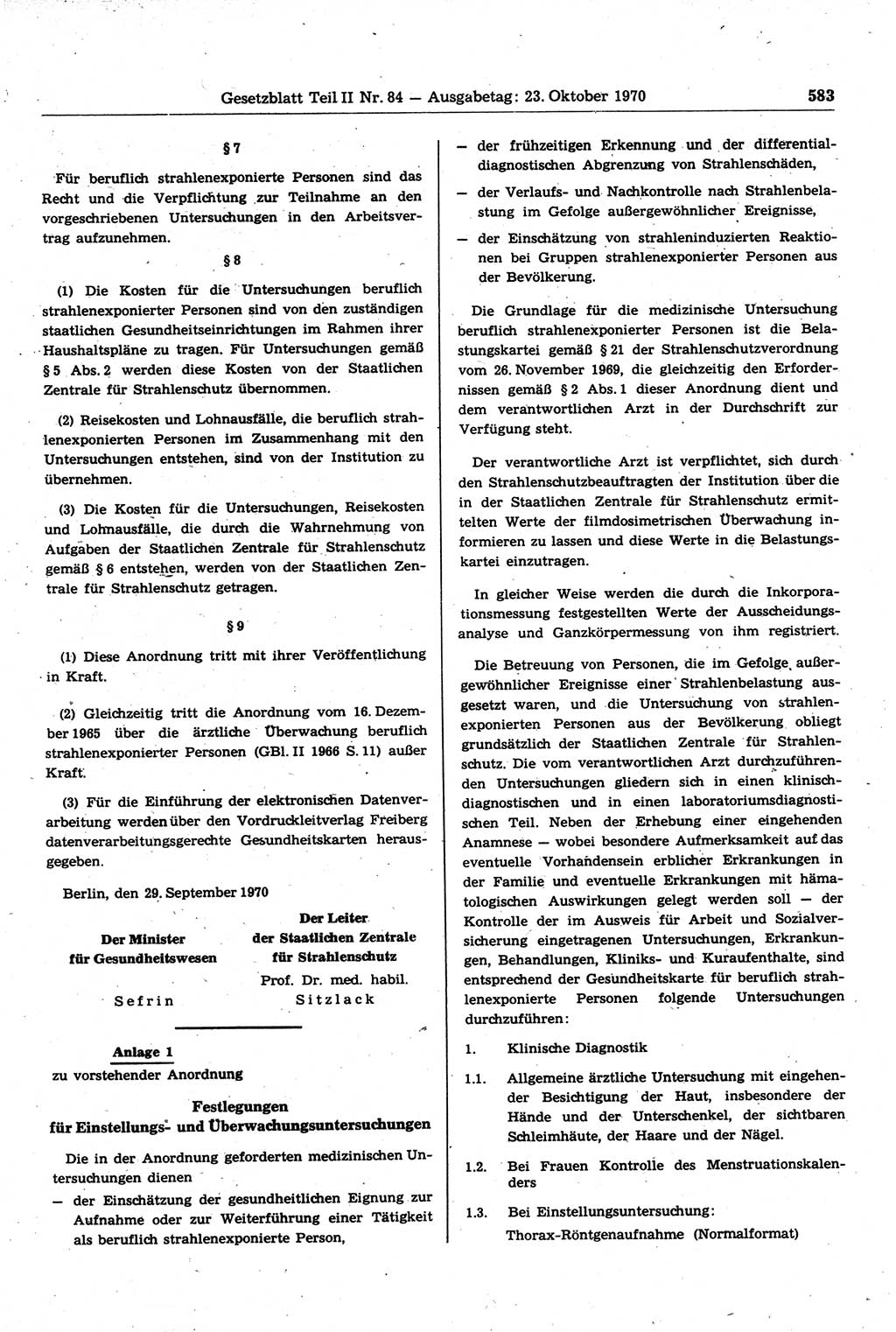 Gesetzblatt (GBl.) der Deutschen Demokratischen Republik (DDR) Teil ⅠⅠ 1970, Seite 583 (GBl. DDR ⅠⅠ 1970, S. 583)
