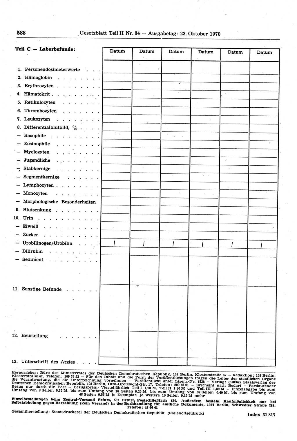 Gesetzblatt (GBl.) der Deutschen Demokratischen Republik (DDR) Teil ⅠⅠ 1970, Seite 588 (GBl. DDR ⅠⅠ 1970, S. 588)