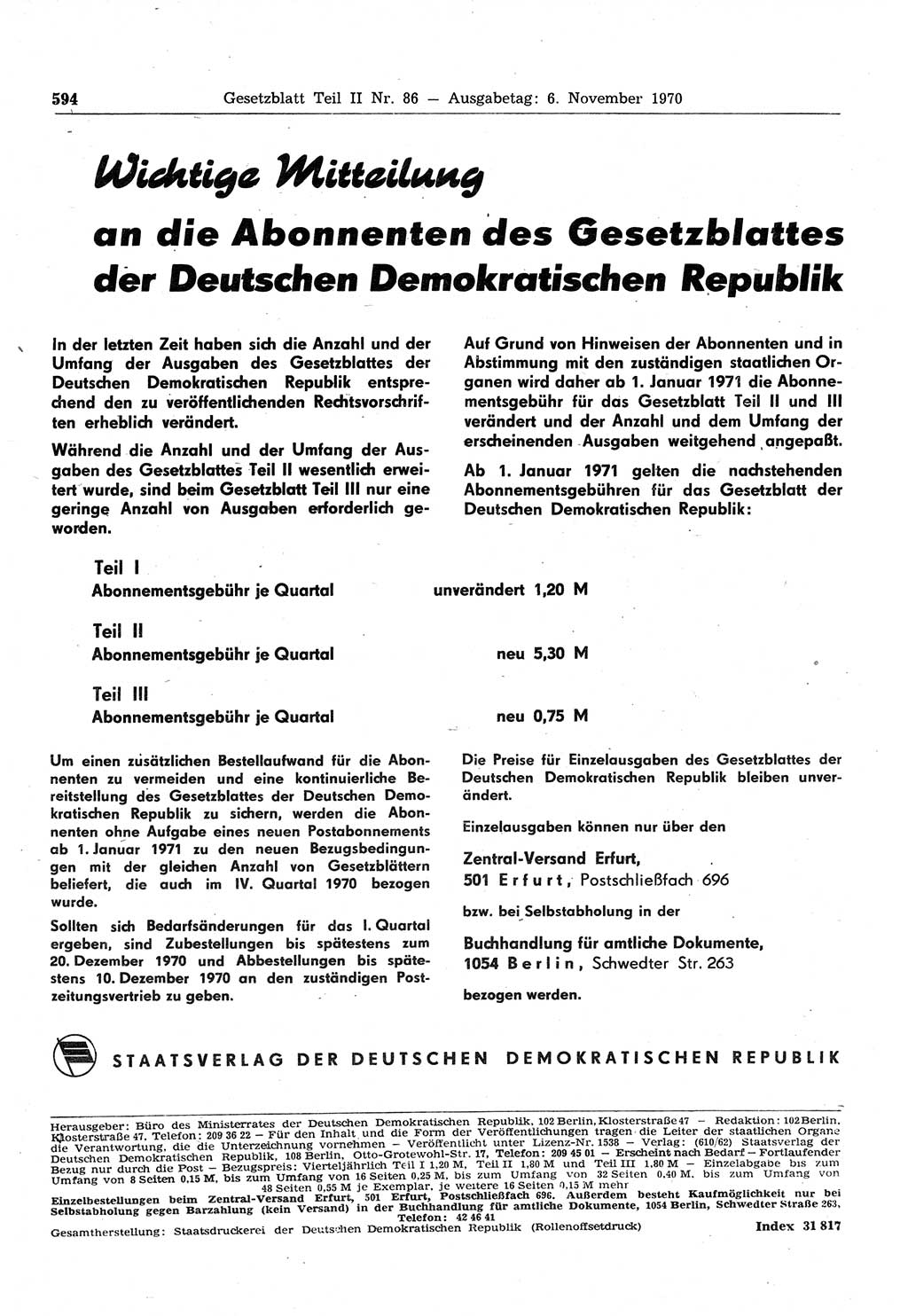 Gesetzblatt (GBl.) der Deutschen Demokratischen Republik (DDR) Teil ⅠⅠ 1970, Seite 594 (GBl. DDR ⅠⅠ 1970, S. 594)