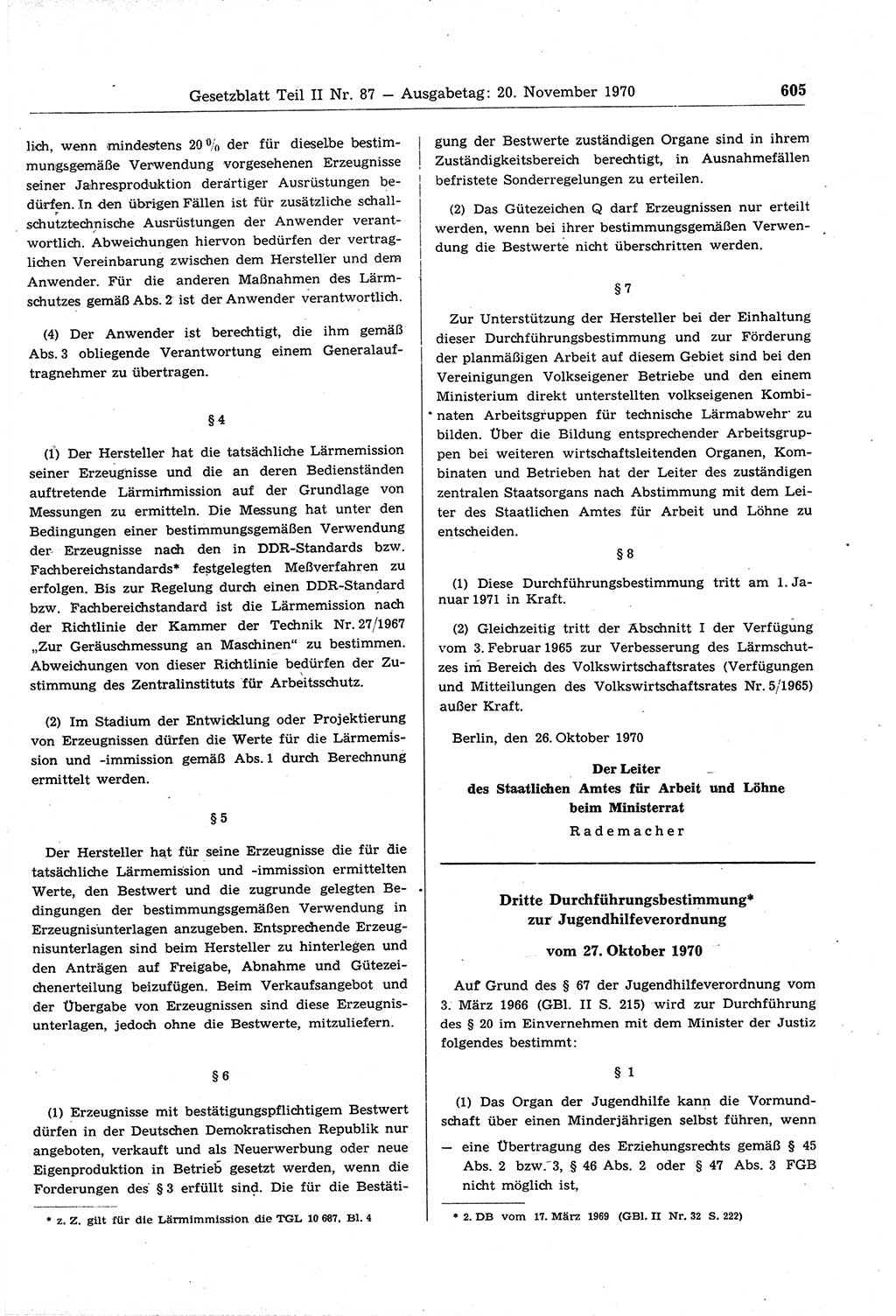 Gesetzblatt (GBl.) der Deutschen Demokratischen Republik (DDR) Teil ⅠⅠ 1970, Seite 605 (GBl. DDR ⅠⅠ 1970, S. 605)