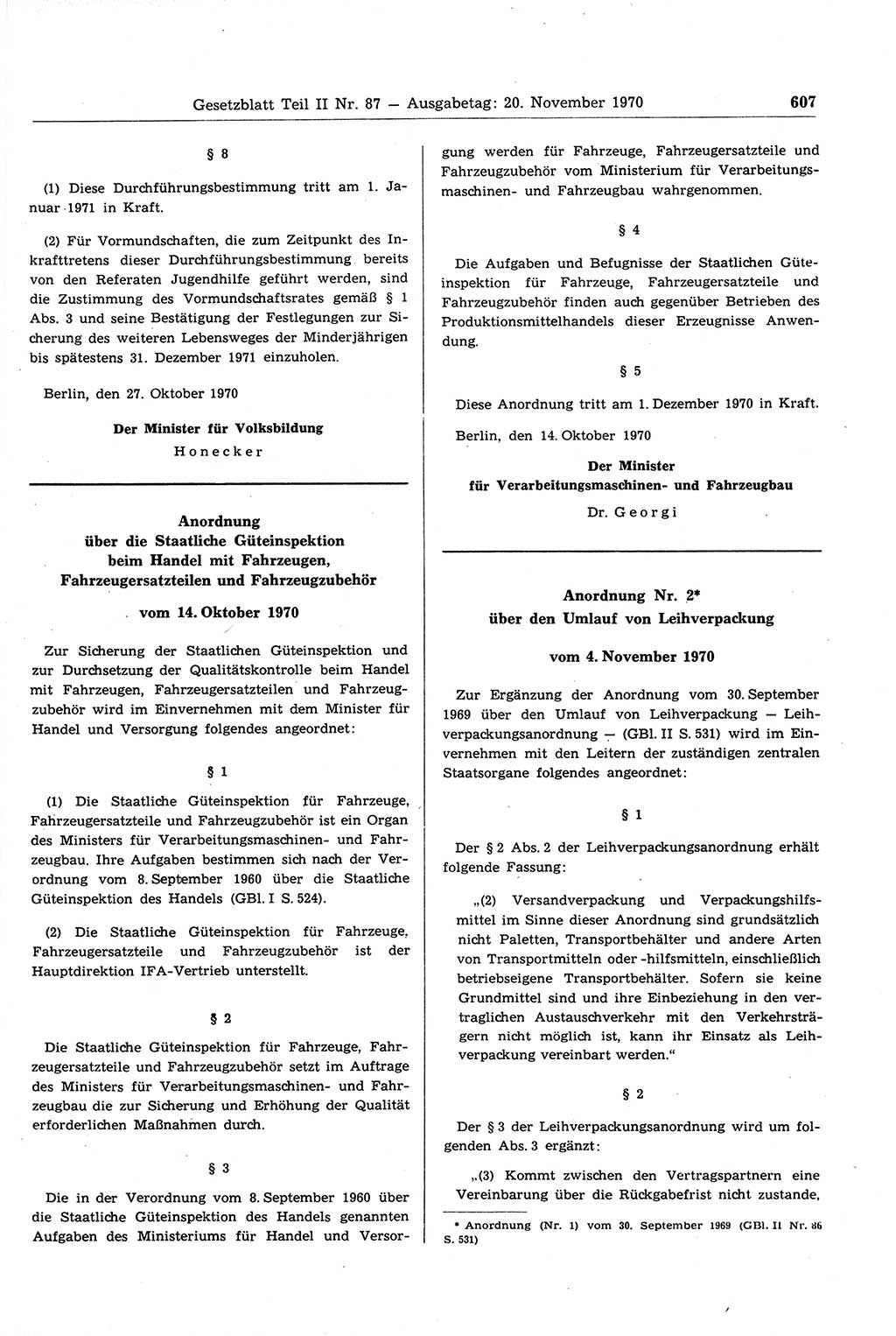 Gesetzblatt (GBl.) der Deutschen Demokratischen Republik (DDR) Teil ⅠⅠ 1970, Seite 607 (GBl. DDR ⅠⅠ 1970, S. 607)