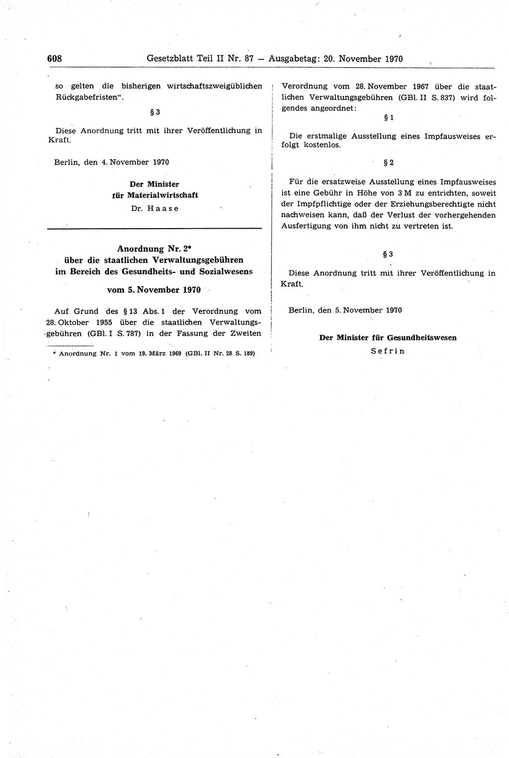 Gesetzblatt (GBl.) der Deutschen Demokratischen Republik (DDR) Teil ⅠⅠ 1970, Seite 608 (GBl. DDR ⅠⅠ 1970, S. 608)