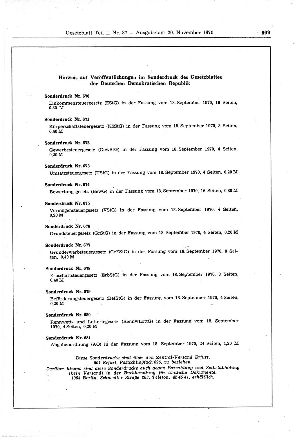 Gesetzblatt (GBl.) der Deutschen Demokratischen Republik (DDR) Teil ⅠⅠ 1970, Seite 609 (GBl. DDR ⅠⅠ 1970, S. 609)