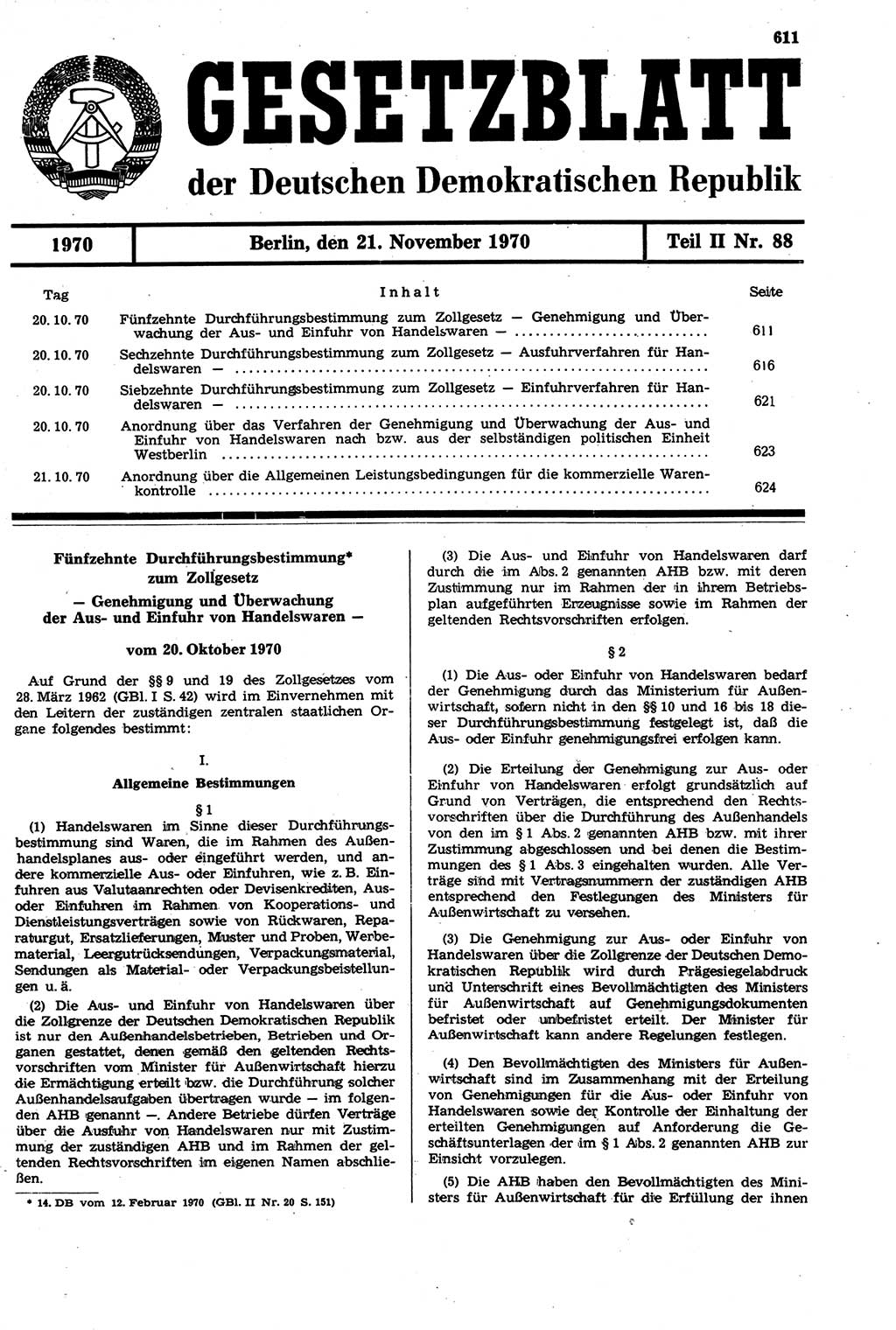 Gesetzblatt (GBl.) der Deutschen Demokratischen Republik (DDR) Teil ⅠⅠ 1970, Seite 611 (GBl. DDR ⅠⅠ 1970, S. 611)