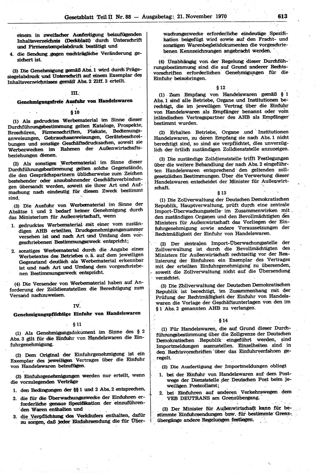 Gesetzblatt (GBl.) der Deutschen Demokratischen Republik (DDR) Teil ⅠⅠ 1970, Seite 613 (GBl. DDR ⅠⅠ 1970, S. 613)