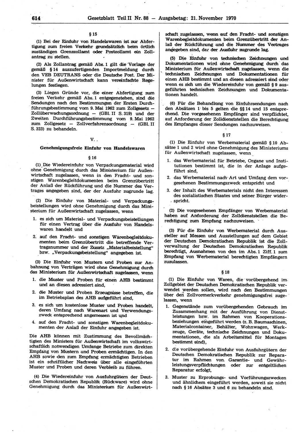 Gesetzblatt (GBl.) der Deutschen Demokratischen Republik (DDR) Teil ⅠⅠ 1970, Seite 614 (GBl. DDR ⅠⅠ 1970, S. 614)