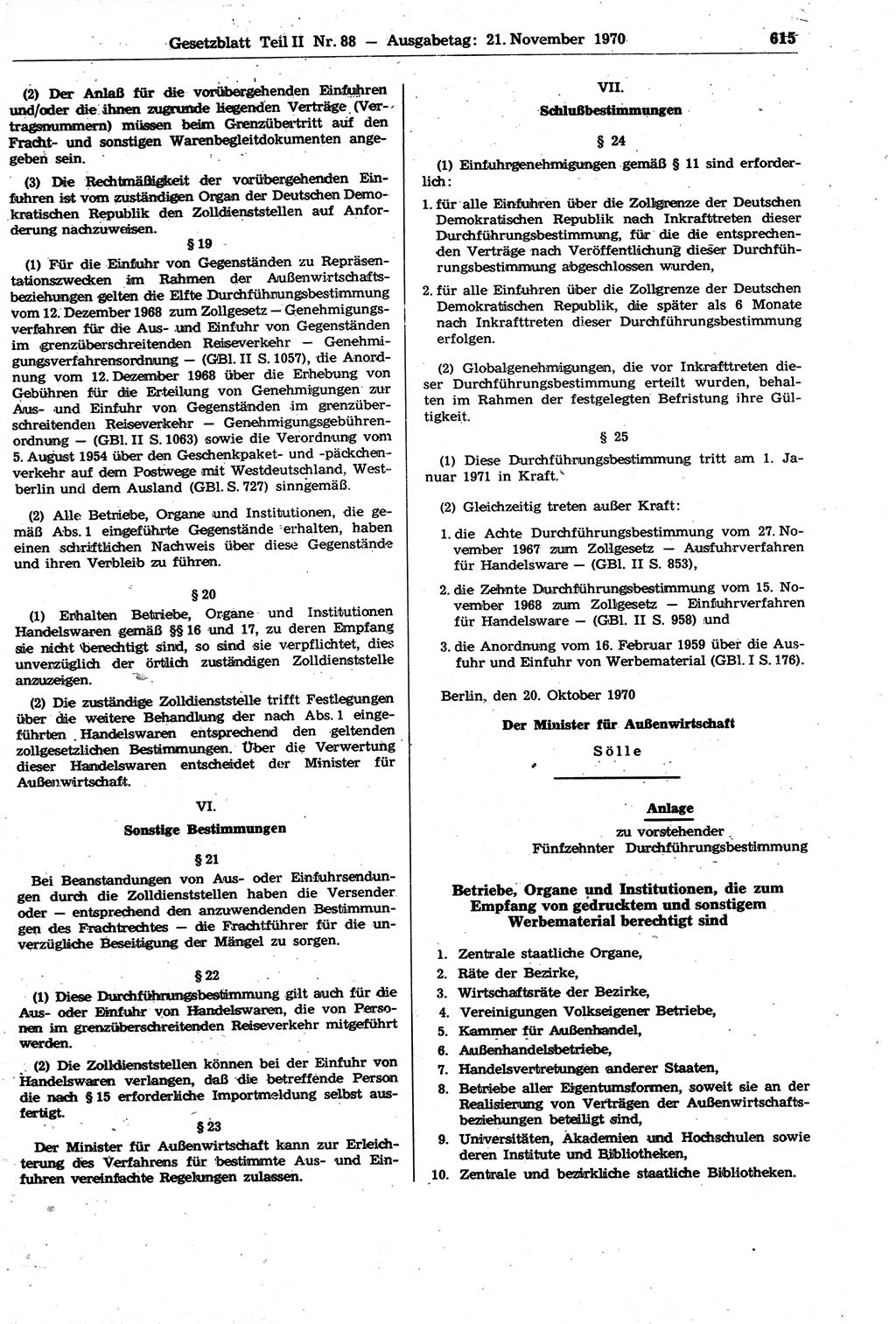 Gesetzblatt (GBl.) der Deutschen Demokratischen Republik (DDR) Teil ⅠⅠ 1970, Seite 615 (GBl. DDR ⅠⅠ 1970, S. 615)