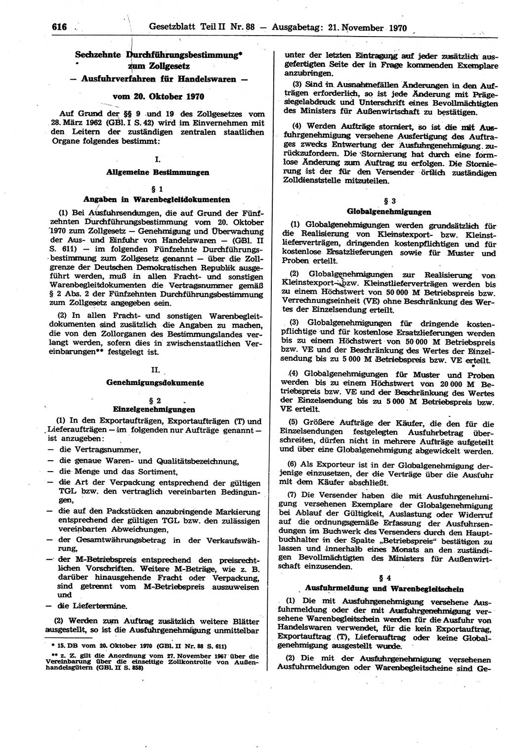Gesetzblatt (GBl.) der Deutschen Demokratischen Republik (DDR) Teil ⅠⅠ 1970, Seite 616 (GBl. DDR ⅠⅠ 1970, S. 616)