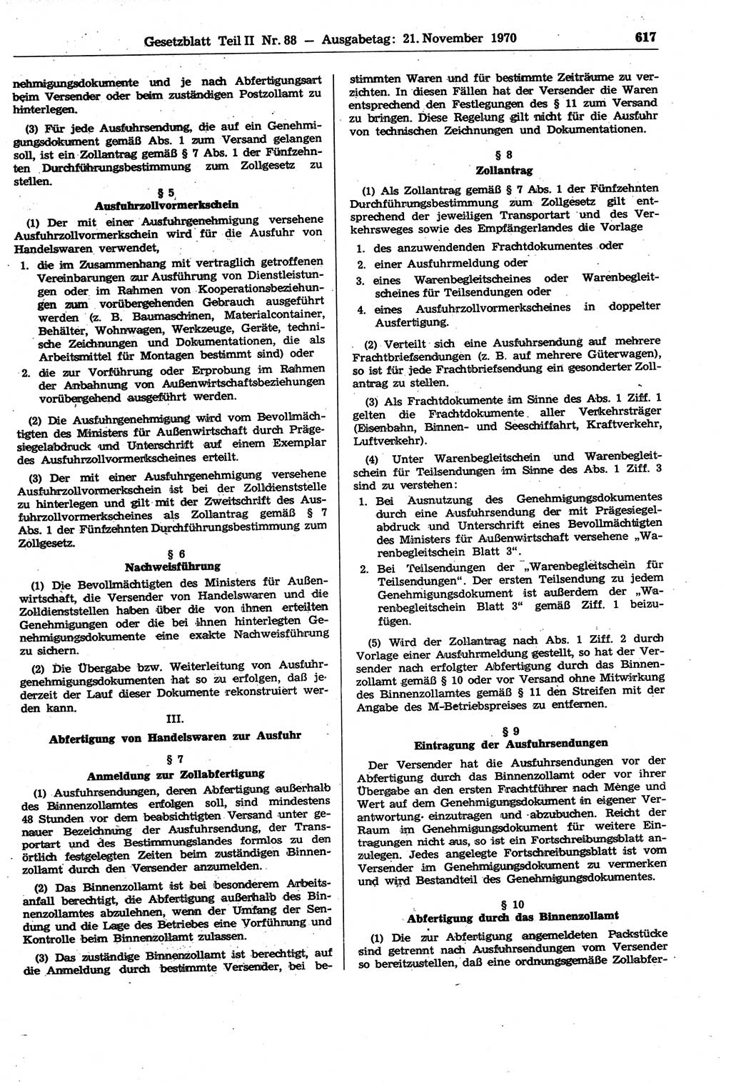 Gesetzblatt (GBl.) der Deutschen Demokratischen Republik (DDR) Teil ⅠⅠ 1970, Seite 617 (GBl. DDR ⅠⅠ 1970, S. 617)