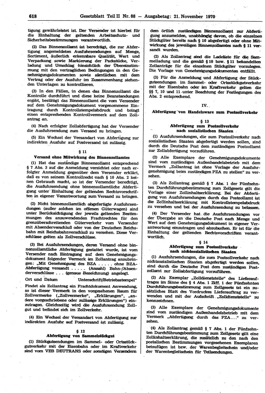 Gesetzblatt (GBl.) der Deutschen Demokratischen Republik (DDR) Teil ⅠⅠ 1970, Seite 618 (GBl. DDR ⅠⅠ 1970, S. 618)