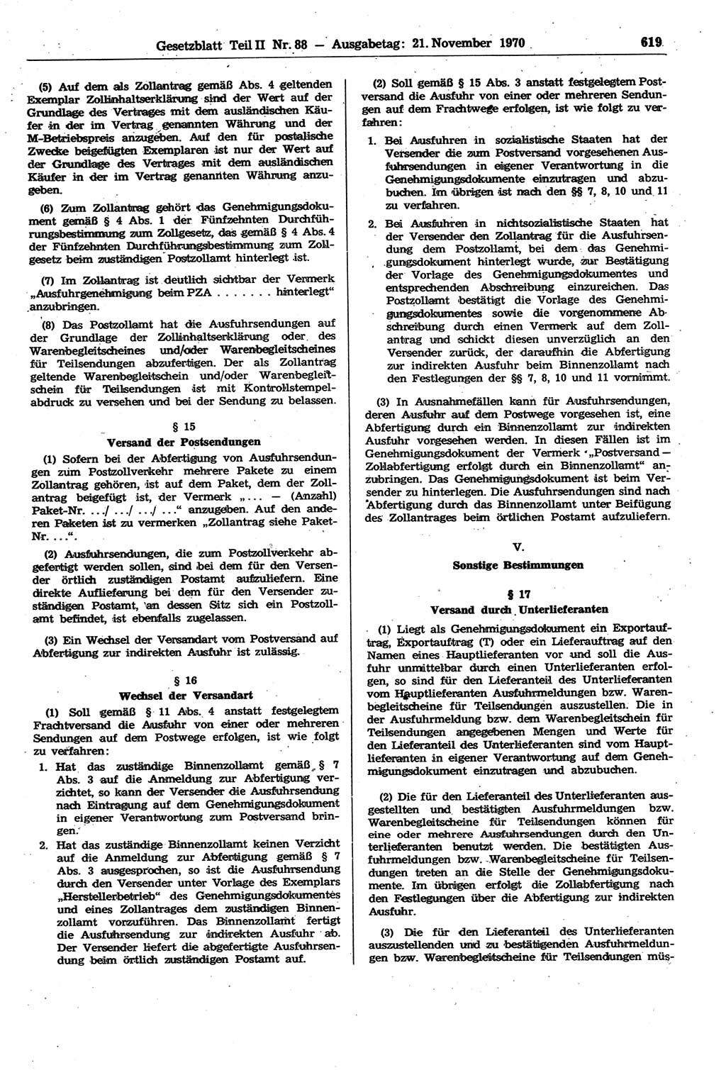 Gesetzblatt (GBl.) der Deutschen Demokratischen Republik (DDR) Teil ⅠⅠ 1970, Seite 619 (GBl. DDR ⅠⅠ 1970, S. 619)