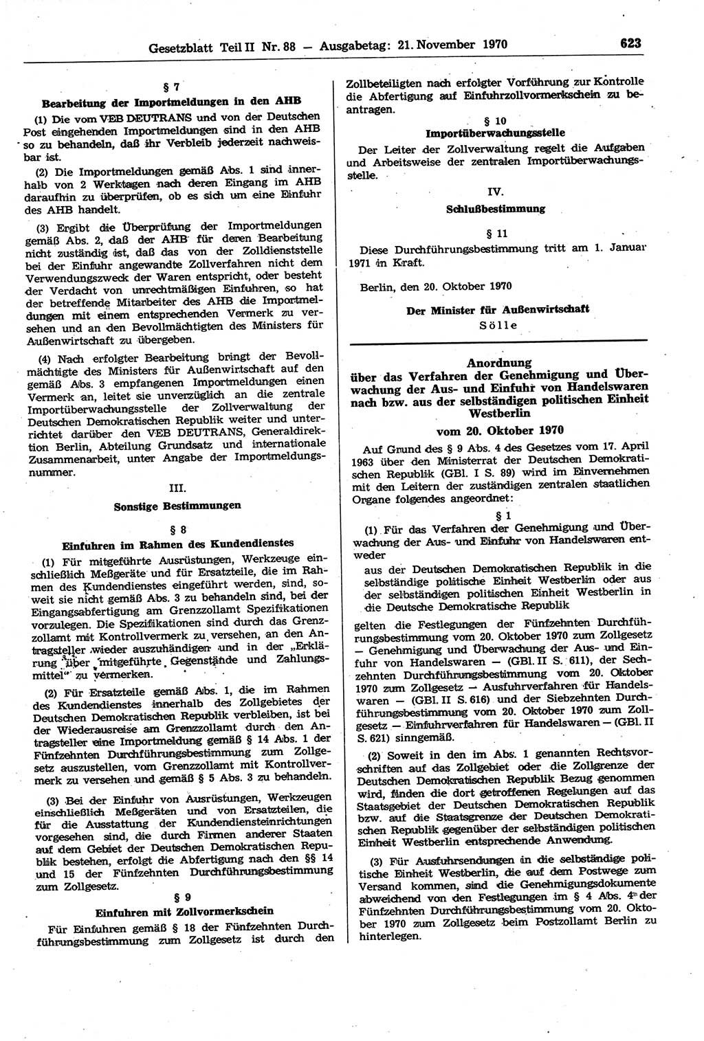 Gesetzblatt (GBl.) der Deutschen Demokratischen Republik (DDR) Teil ⅠⅠ 1970, Seite 623 (GBl. DDR ⅠⅠ 1970, S. 623)