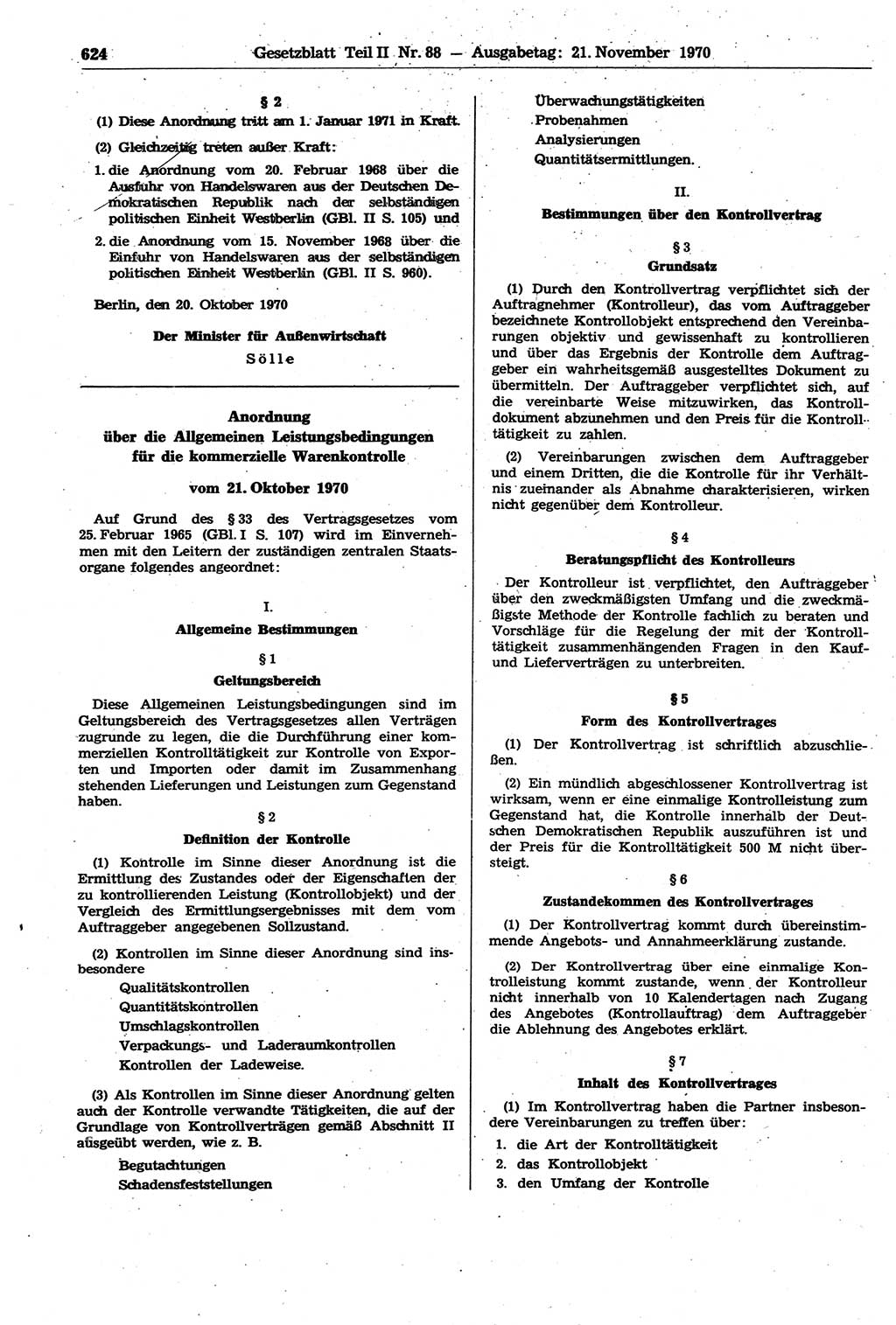 Gesetzblatt (GBl.) der Deutschen Demokratischen Republik (DDR) Teil ⅠⅠ 1970, Seite 624 (GBl. DDR ⅠⅠ 1970, S. 624)
