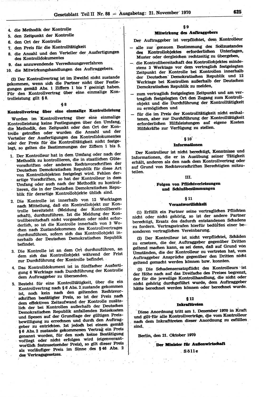 Gesetzblatt (GBl.) der Deutschen Demokratischen Republik (DDR) Teil ⅠⅠ 1970, Seite 625 (GBl. DDR ⅠⅠ 1970, S. 625)