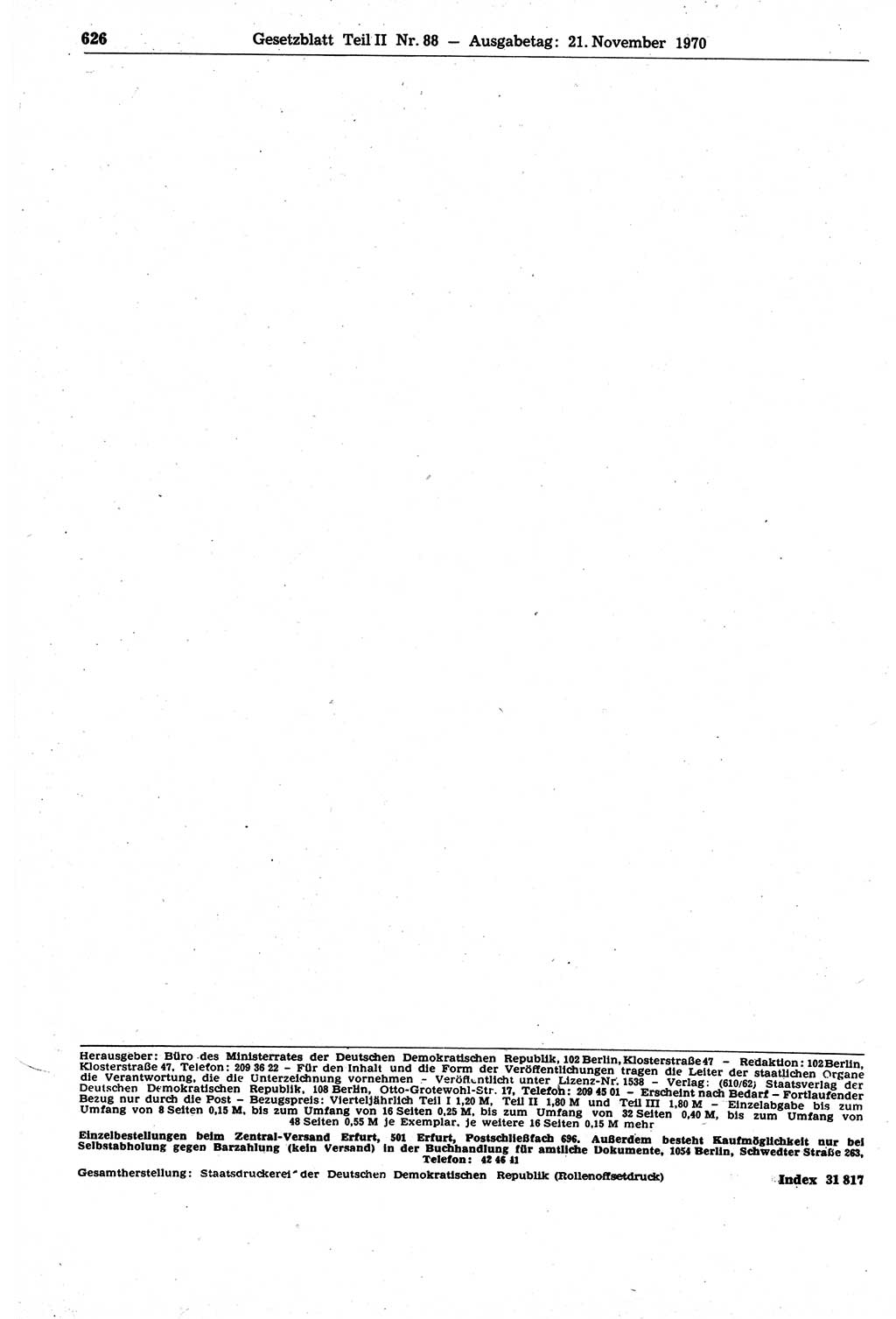 Gesetzblatt (GBl.) der Deutschen Demokratischen Republik (DDR) Teil ⅠⅠ 1970, Seite 626 (GBl. DDR ⅠⅠ 1970, S. 626)