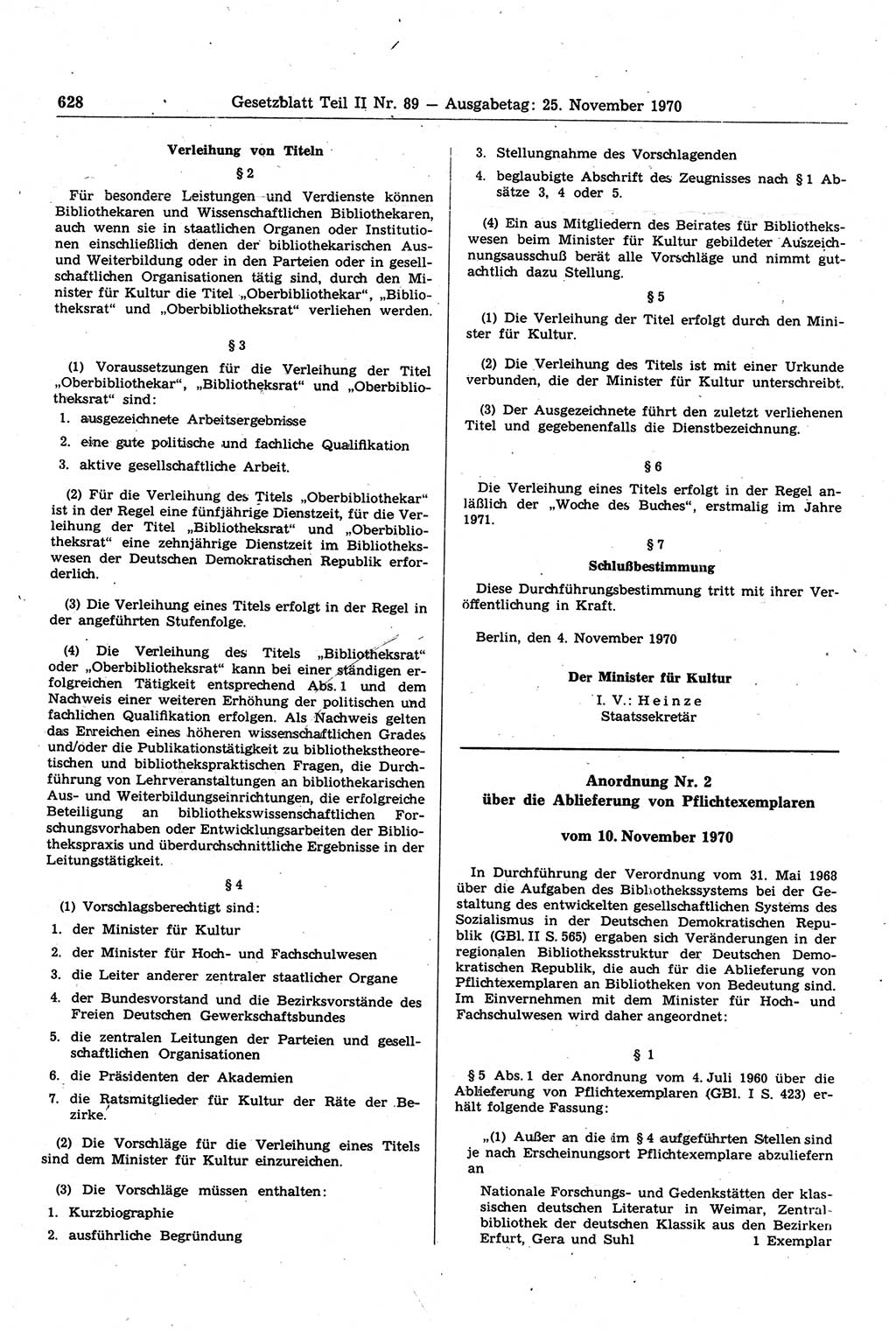 Gesetzblatt (GBl.) der Deutschen Demokratischen Republik (DDR) Teil ⅠⅠ 1970, Seite 628 (GBl. DDR ⅠⅠ 1970, S. 628)