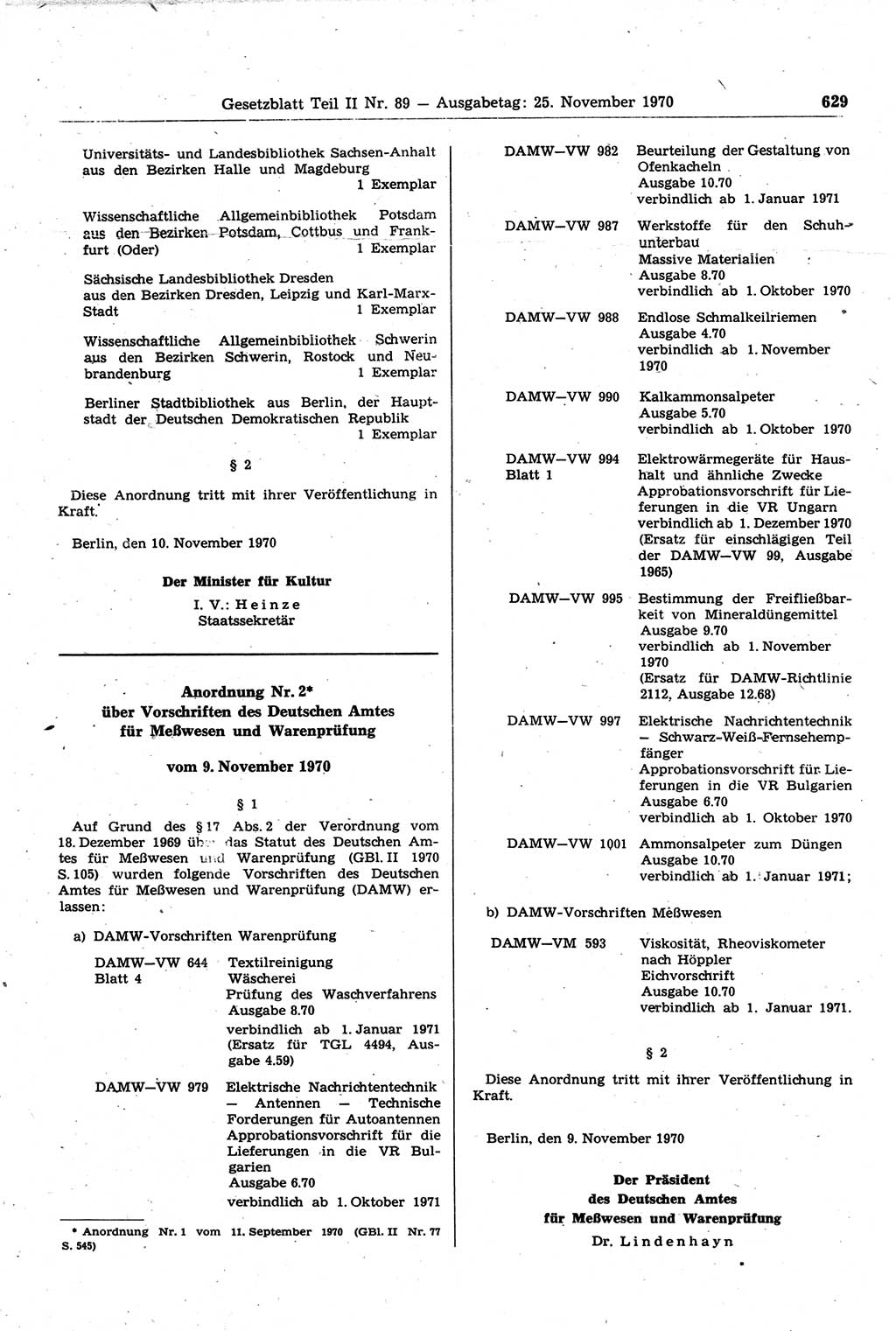 Gesetzblatt (GBl.) der Deutschen Demokratischen Republik (DDR) Teil ⅠⅠ 1970, Seite 629 (GBl. DDR ⅠⅠ 1970, S. 629)
