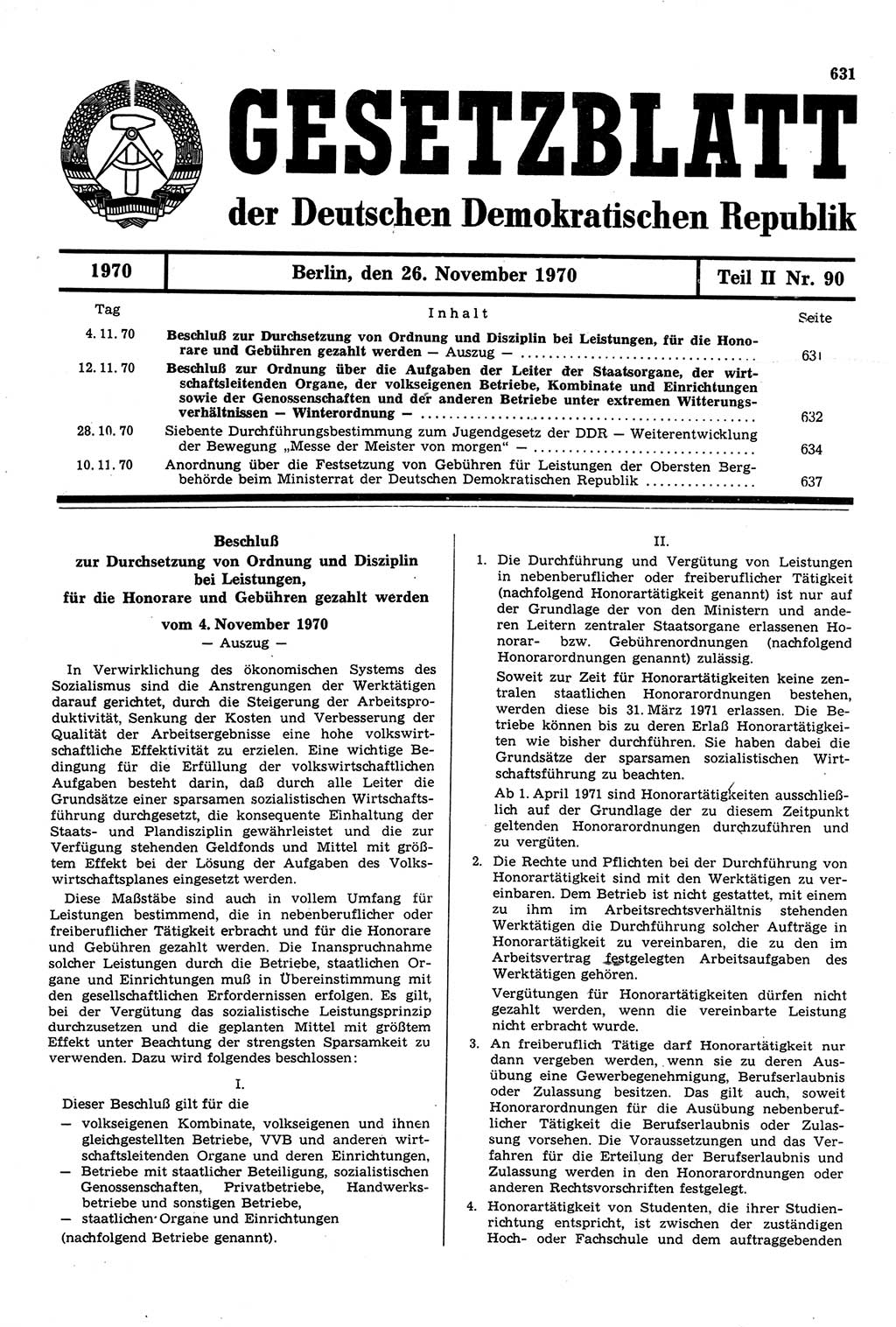 Gesetzblatt (GBl.) der Deutschen Demokratischen Republik (DDR) Teil ⅠⅠ 1970, Seite 631 (GBl. DDR ⅠⅠ 1970, S. 631)