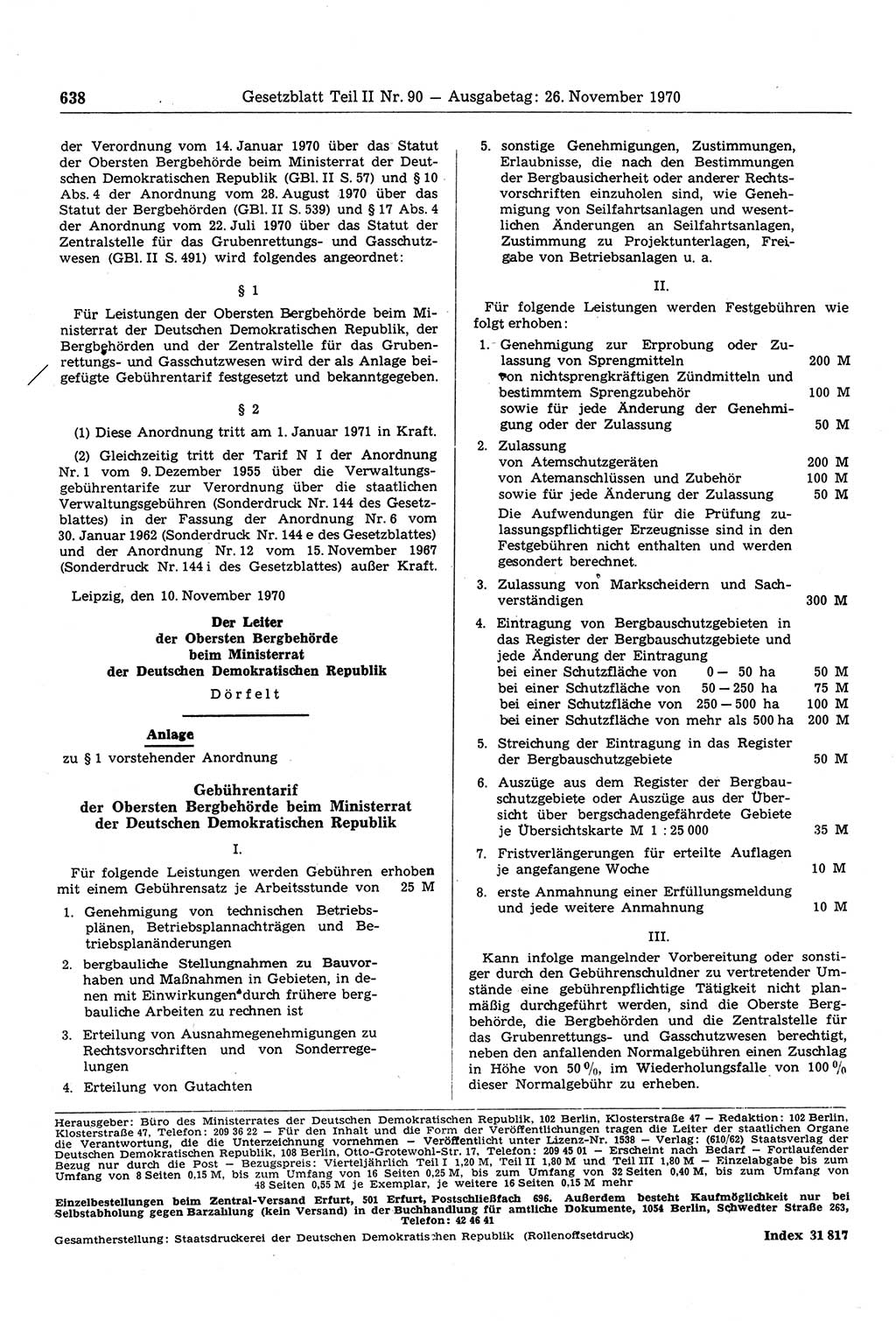 Gesetzblatt (GBl.) der Deutschen Demokratischen Republik (DDR) Teil ⅠⅠ 1970, Seite 638 (GBl. DDR ⅠⅠ 1970, S. 638)