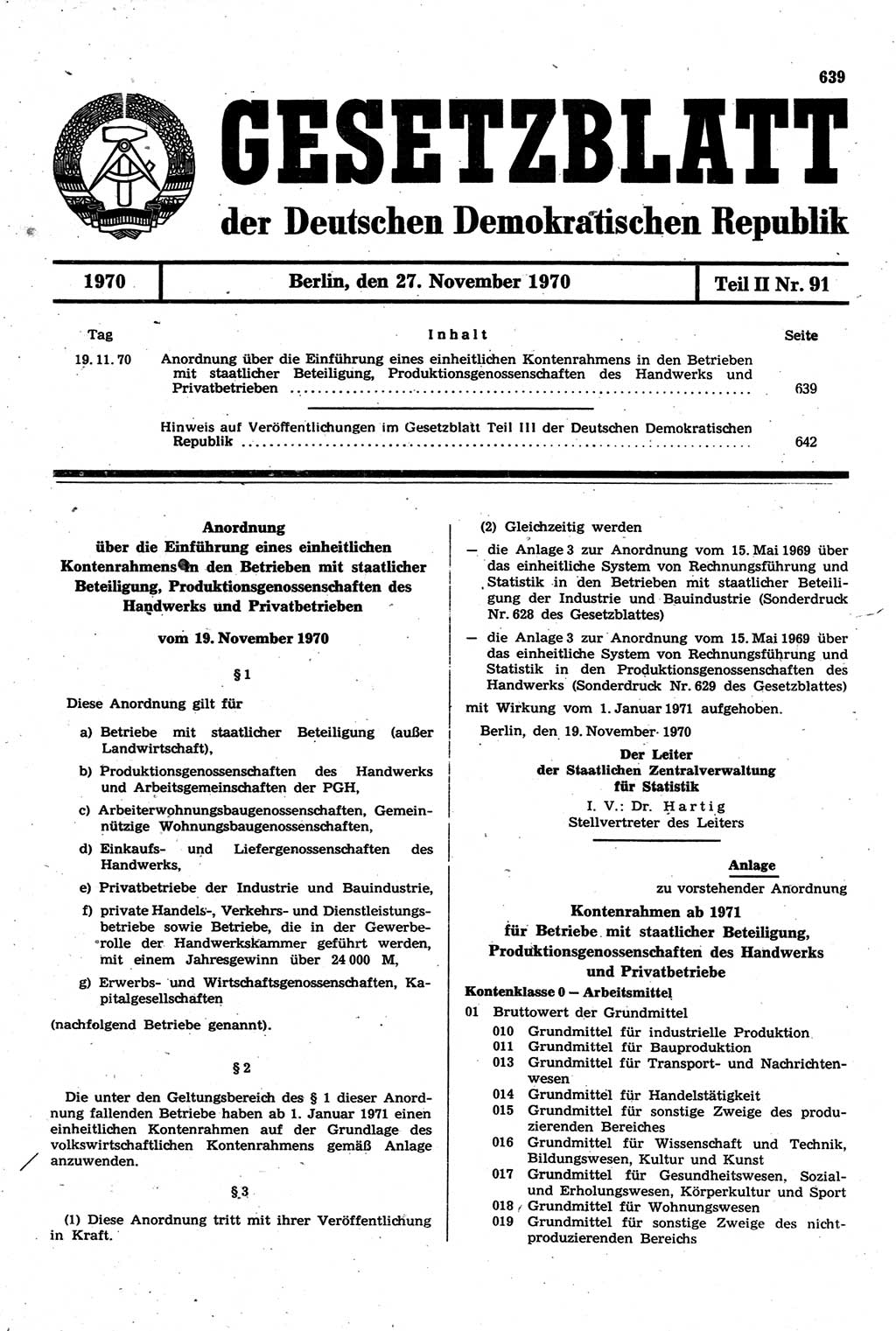 Gesetzblatt (GBl.) der Deutschen Demokratischen Republik (DDR) Teil ⅠⅠ 1970, Seite 639 (GBl. DDR ⅠⅠ 1970, S. 639)