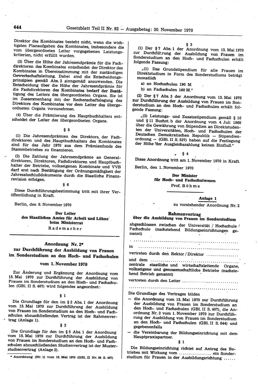 Gesetzblatt (GBl.) der Deutschen Demokratischen Republik (DDR) Teil ⅠⅠ 1970, Seite 644 (GBl. DDR ⅠⅠ 1970, S. 644)