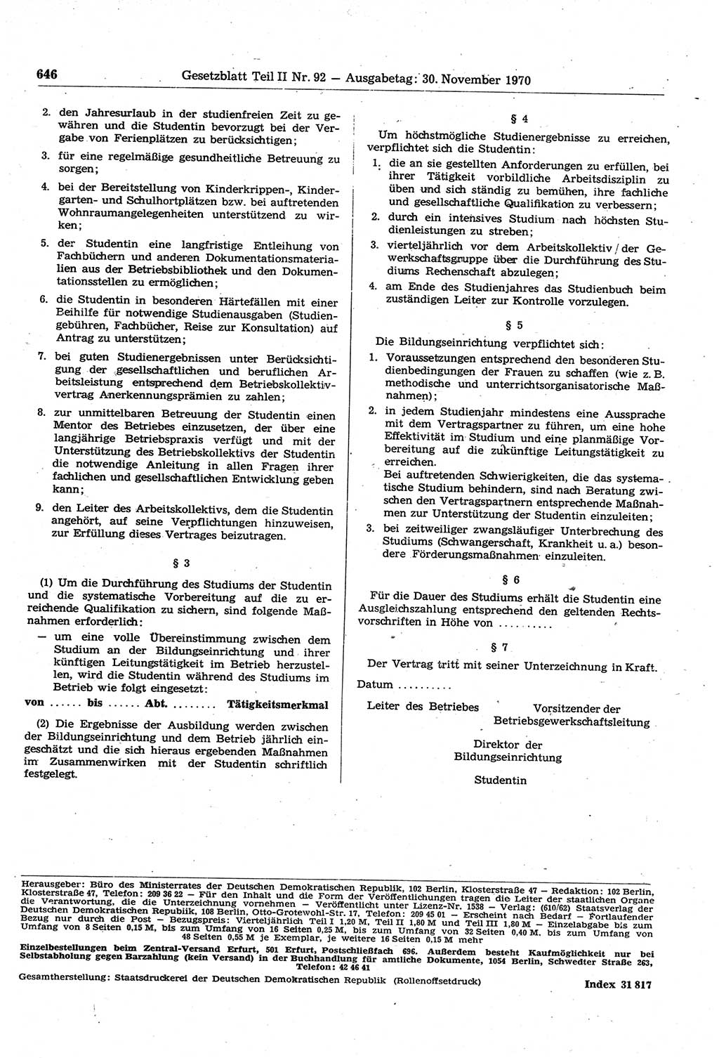 Gesetzblatt (GBl.) der Deutschen Demokratischen Republik (DDR) Teil ⅠⅠ 1970, Seite 646 (GBl. DDR ⅠⅠ 1970, S. 646)