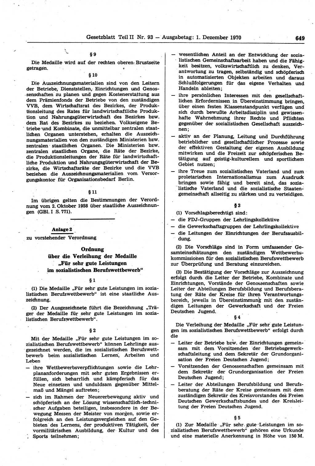 Gesetzblatt (GBl.) der Deutschen Demokratischen Republik (DDR) Teil ⅠⅠ 1970, Seite 649 (GBl. DDR ⅠⅠ 1970, S. 649)
