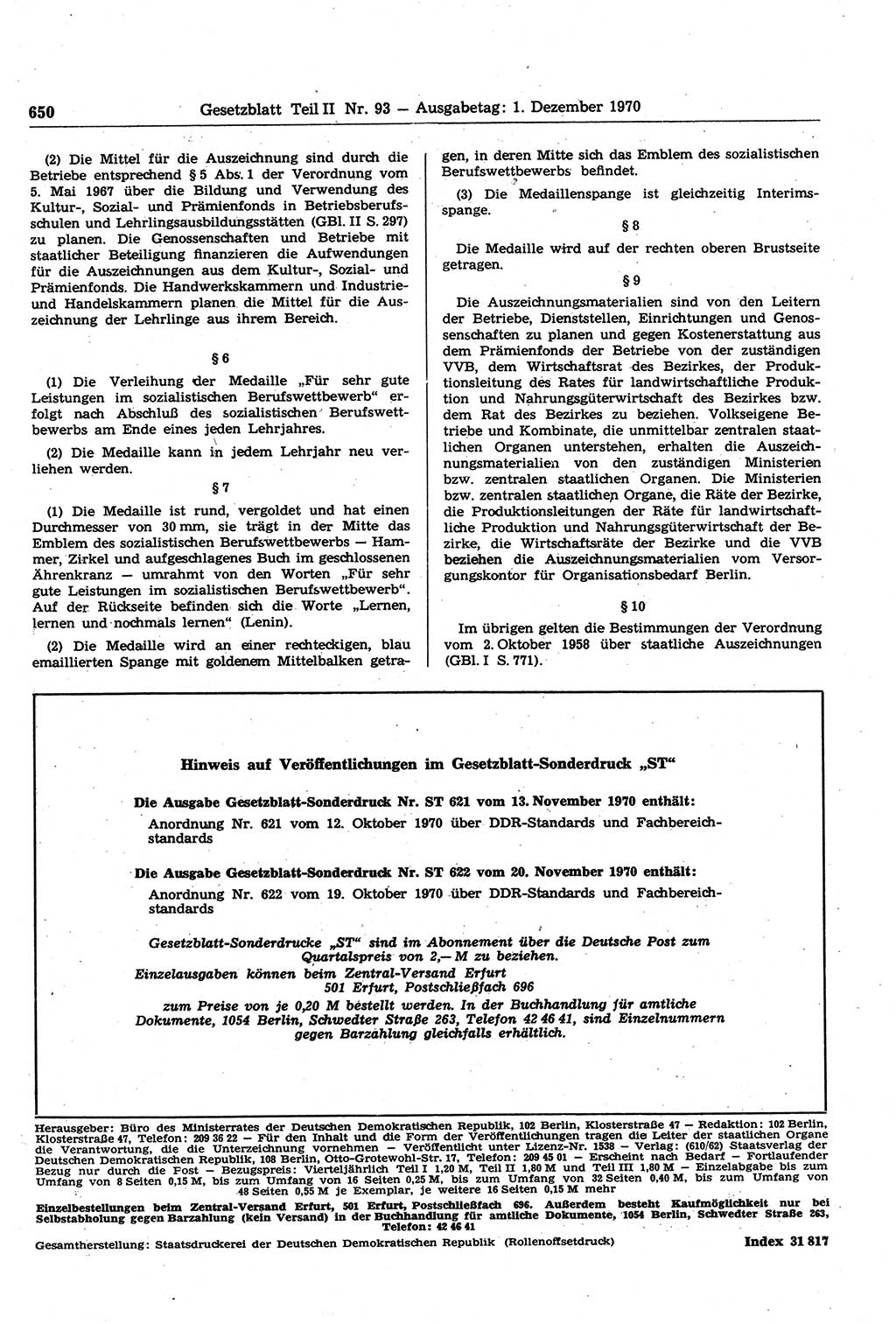 Gesetzblatt (GBl.) der Deutschen Demokratischen Republik (DDR) Teil ⅠⅠ 1970, Seite 650 (GBl. DDR ⅠⅠ 1970, S. 650)