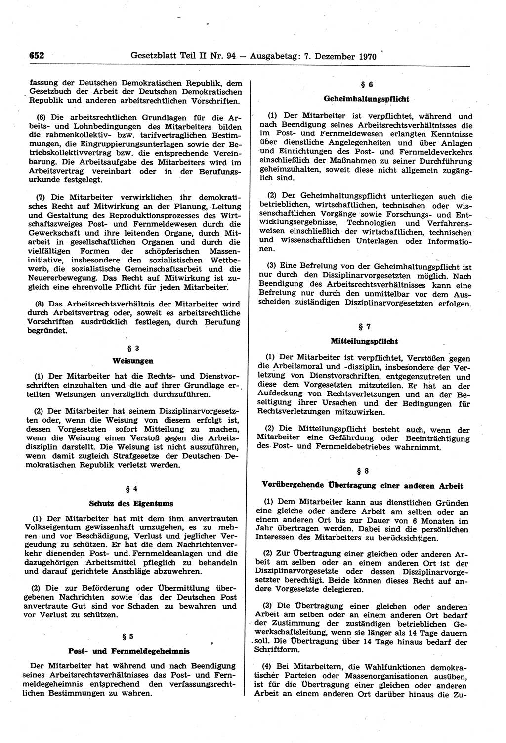 Gesetzblatt (GBl.) der Deutschen Demokratischen Republik (DDR) Teil ⅠⅠ 1970, Seite 652 (GBl. DDR ⅠⅠ 1970, S. 652)
