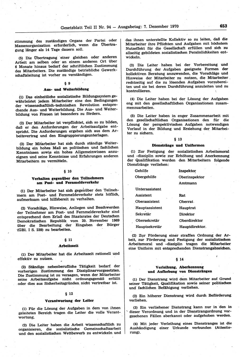 Gesetzblatt (GBl.) der Deutschen Demokratischen Republik (DDR) Teil ⅠⅠ 1970, Seite 653 (GBl. DDR ⅠⅠ 1970, S. 653)