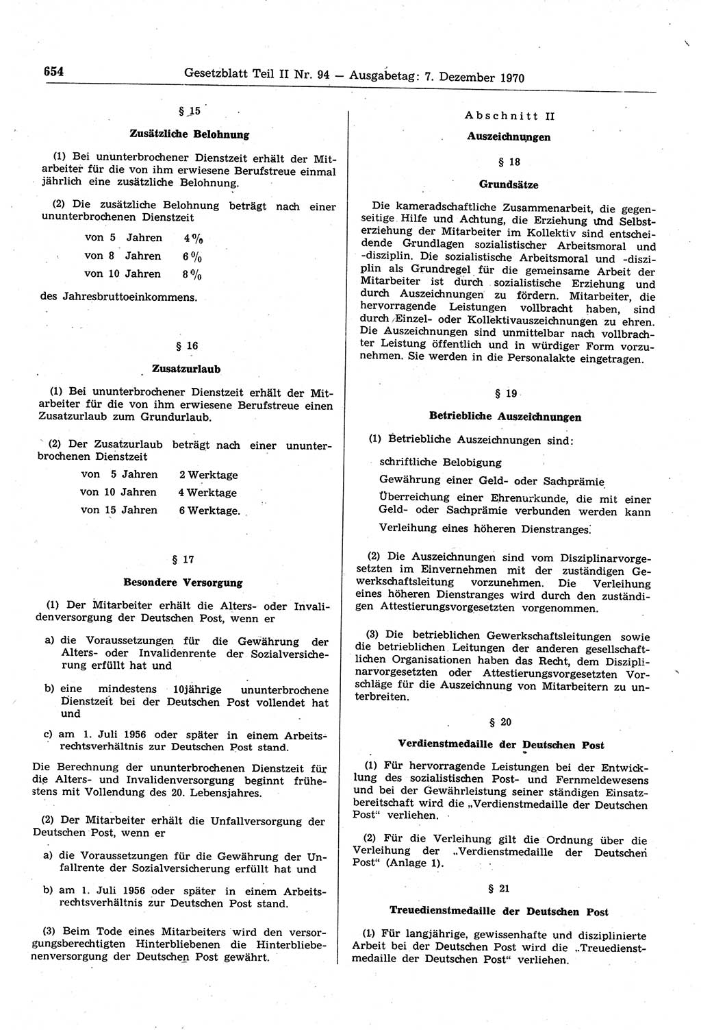 Gesetzblatt (GBl.) der Deutschen Demokratischen Republik (DDR) Teil ⅠⅠ 1970, Seite 654 (GBl. DDR ⅠⅠ 1970, S. 654)
