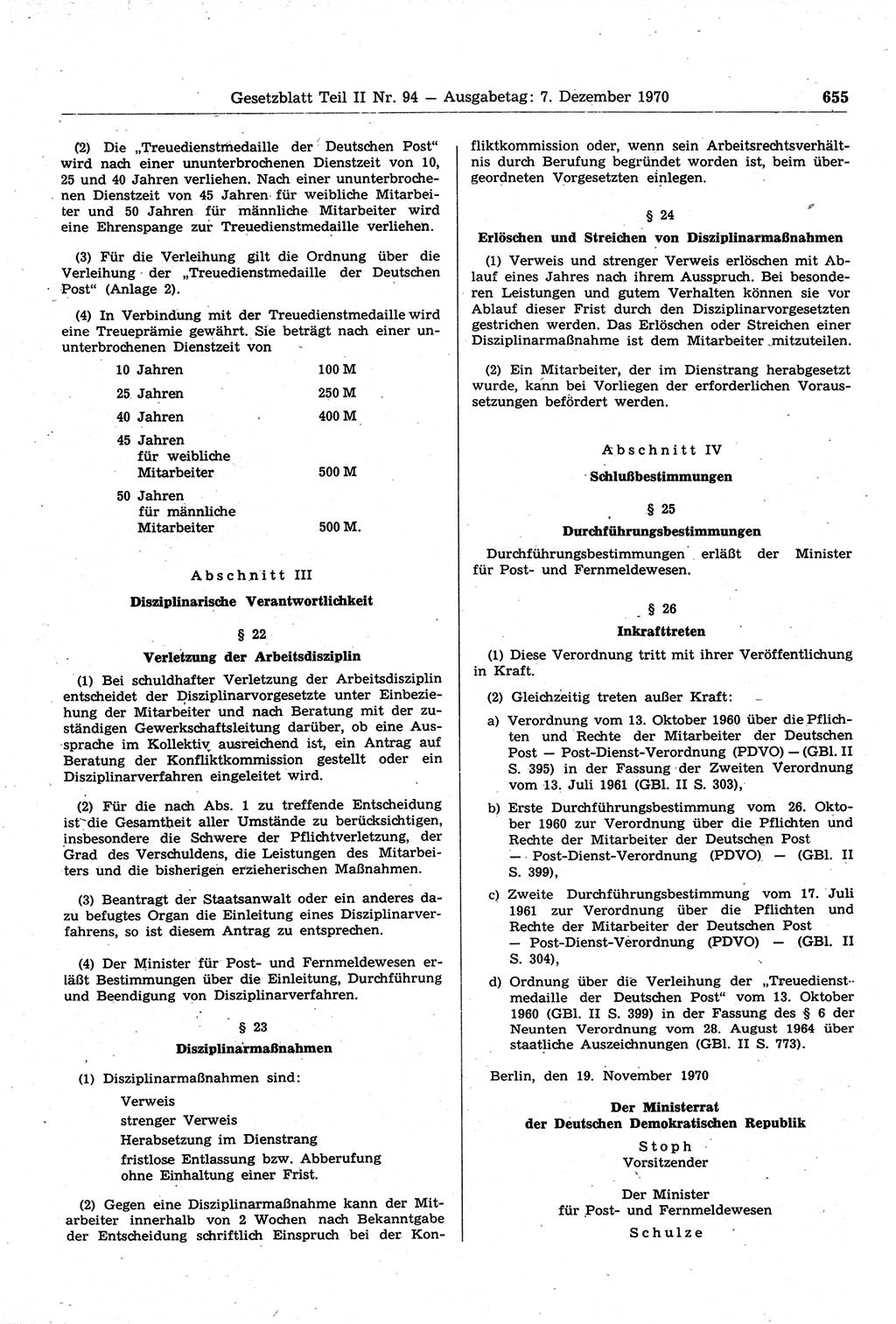 Gesetzblatt (GBl.) der Deutschen Demokratischen Republik (DDR) Teil ⅠⅠ 1970, Seite 655 (GBl. DDR ⅠⅠ 1970, S. 655)