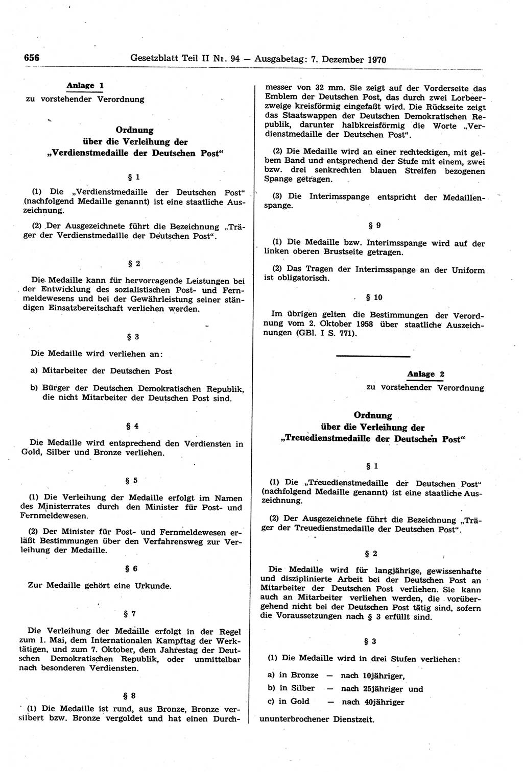 Gesetzblatt (GBl.) der Deutschen Demokratischen Republik (DDR) Teil ⅠⅠ 1970, Seite 656 (GBl. DDR ⅠⅠ 1970, S. 656)